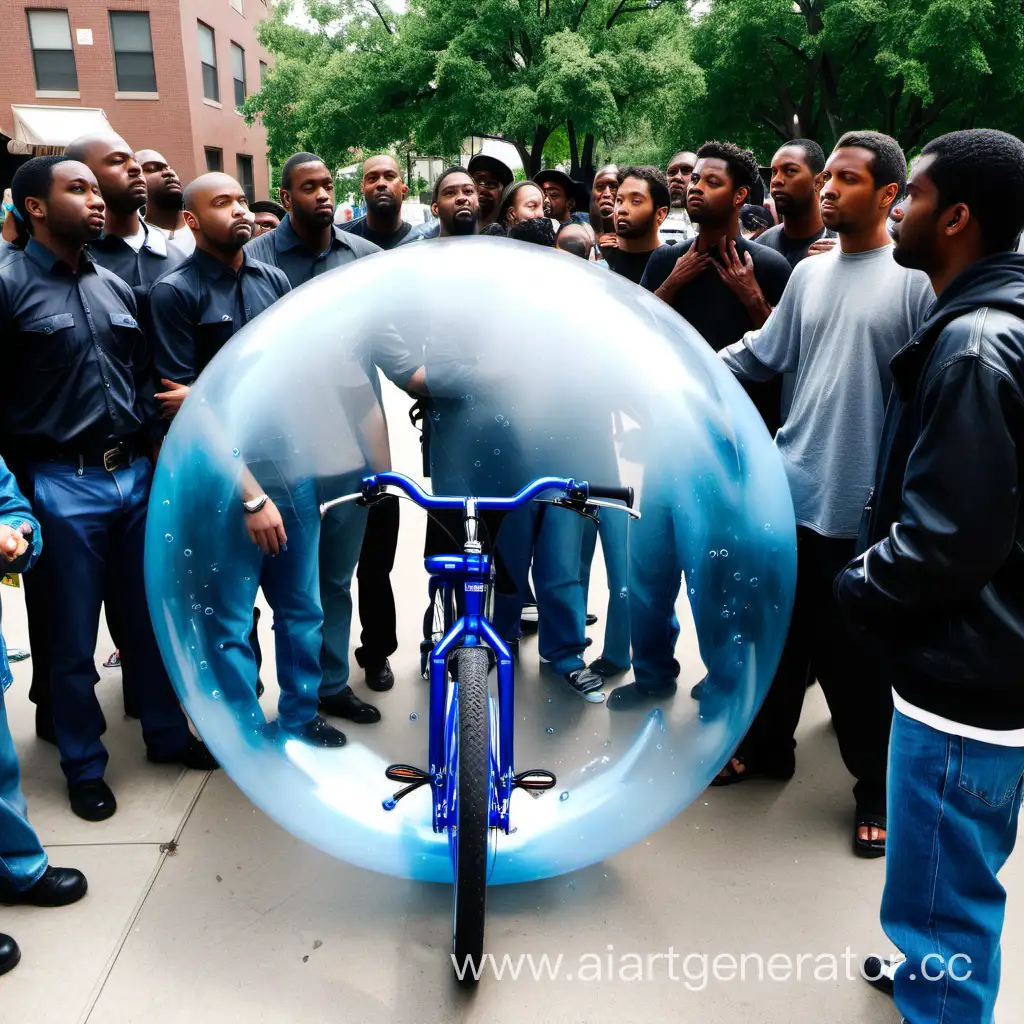 Bubble surrounding blue bike. Sad black guys surrounding it.