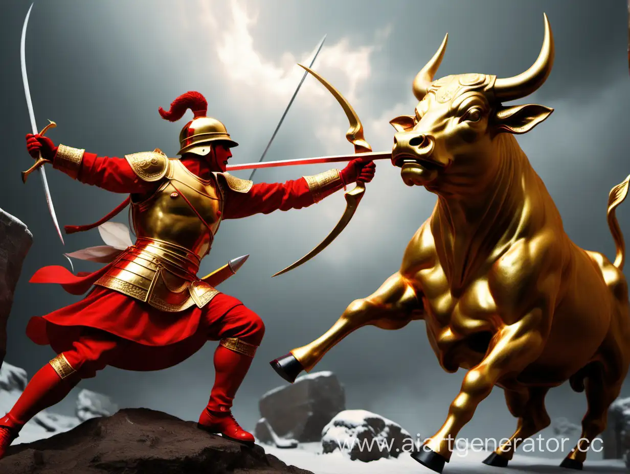 A red soldier stabs a golden bull with a pike