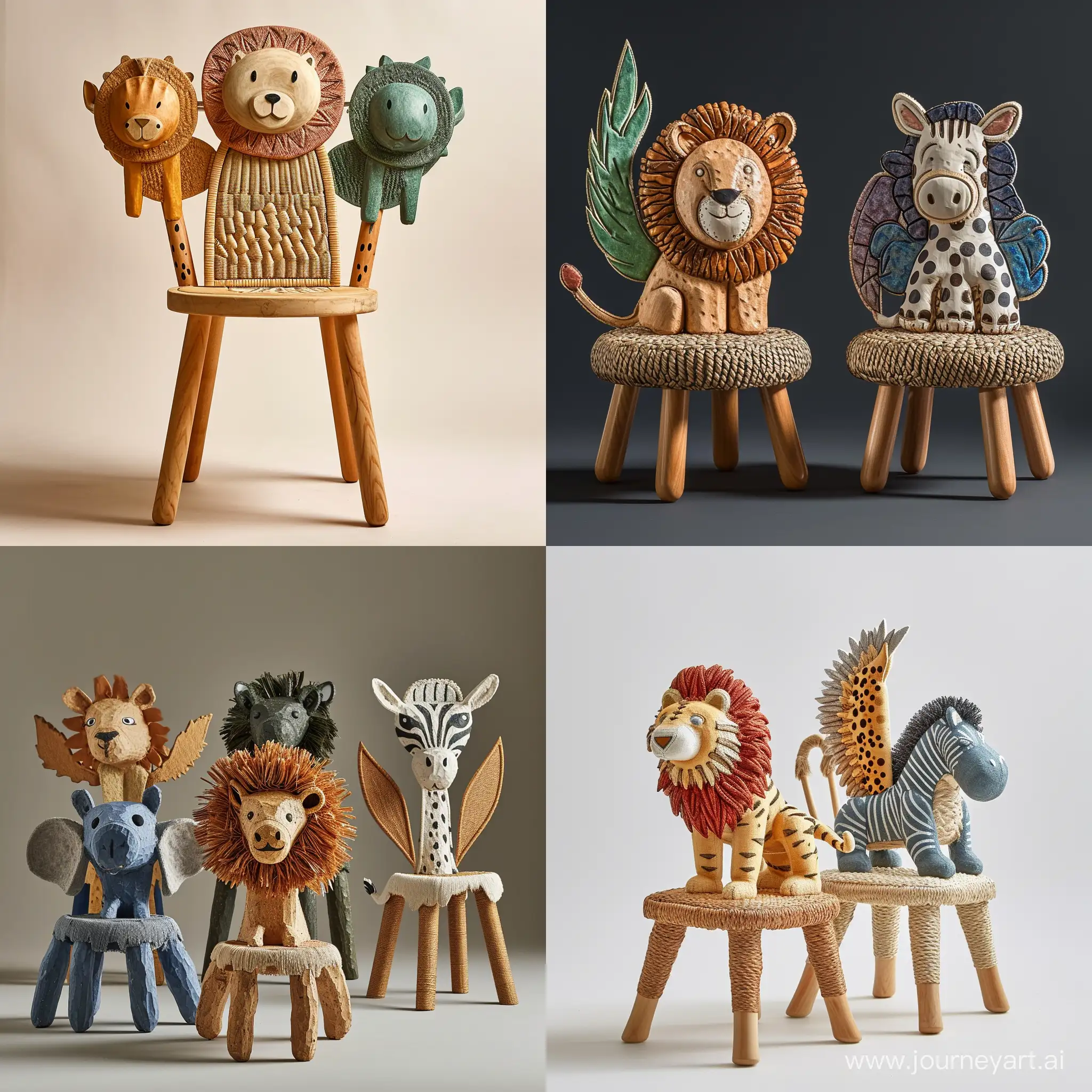 imagine an image of a sturdy children’s chair inspired by cute safari animals like cute lion or zebra or griffin or cheetah or hippocampus  , with backrests shaped like different creatures. Use recycled wood for the frame and woven plant fibers for seating areas, depicted in colors representative of the chosen animals. The seat should stand approximately 30cm tall, built to educate about wildlife and ensure durability.realistic style