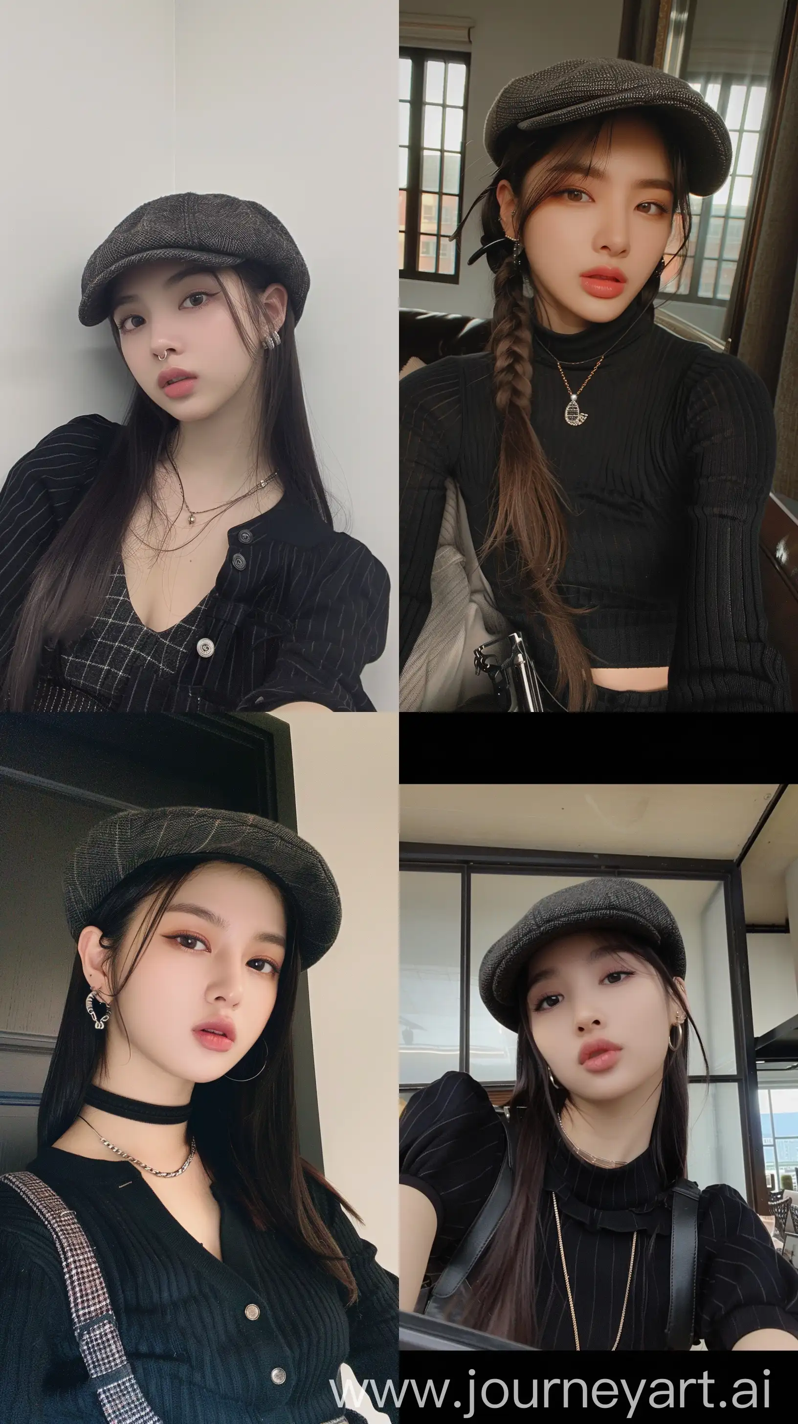 a blackpink's jennie, selfie, wearing cute black clothes, hotly, wearing aestethic flat cap --ar 9:16