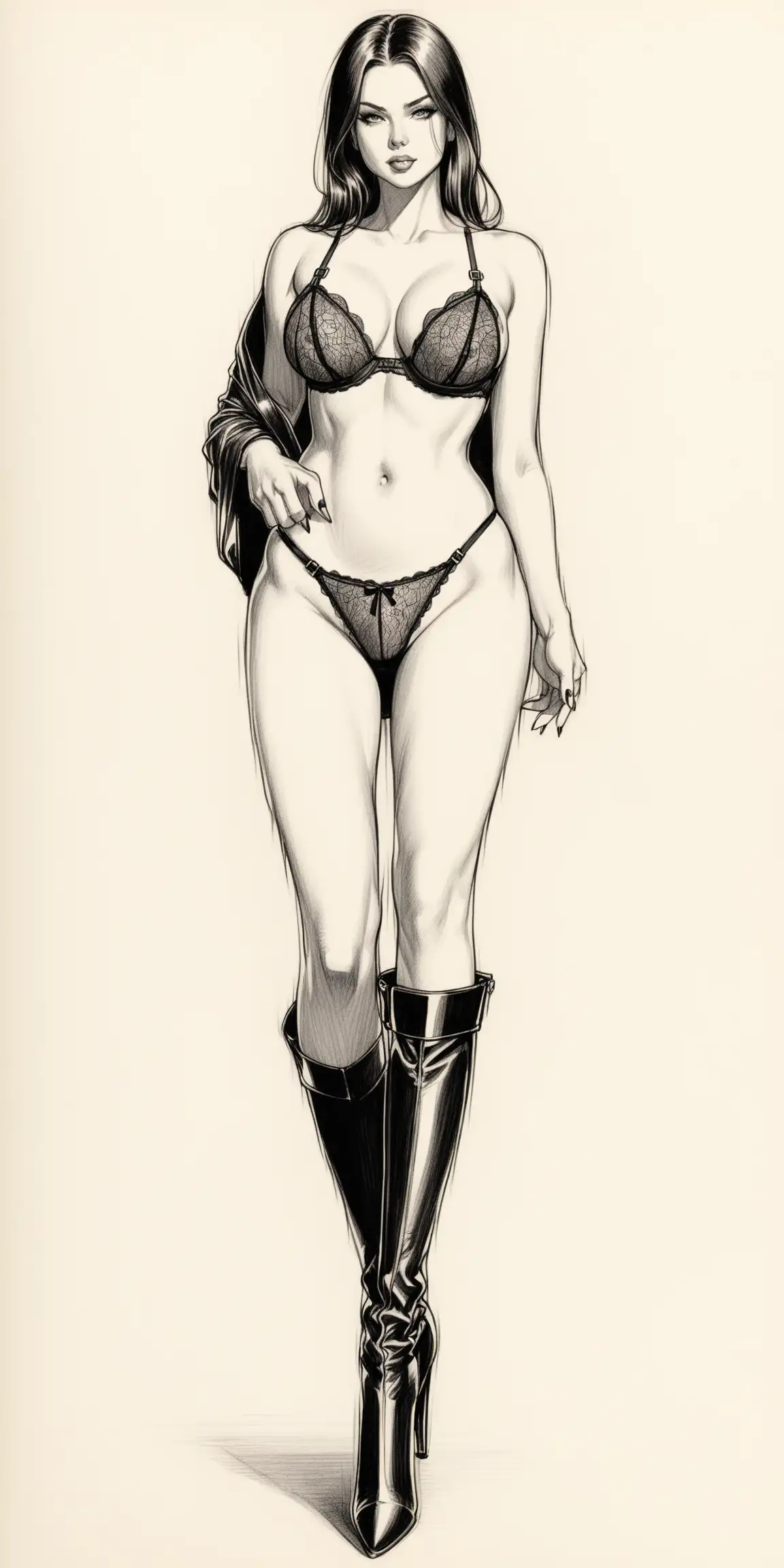 un dessin au crayon d'une femme dominatrice, habillée en lingerie avec des cuissardes talon aiguille


