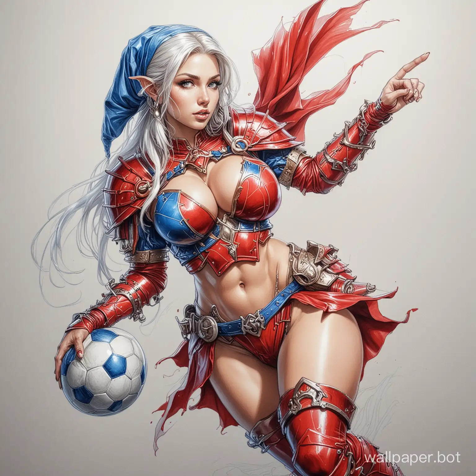 Soccer elf sexy magician in red koan armor with big breasts at speed outperforms a huge
Orc warrior in blue armor and hits the ball hard photo of high extension drawing with marker masterpiece