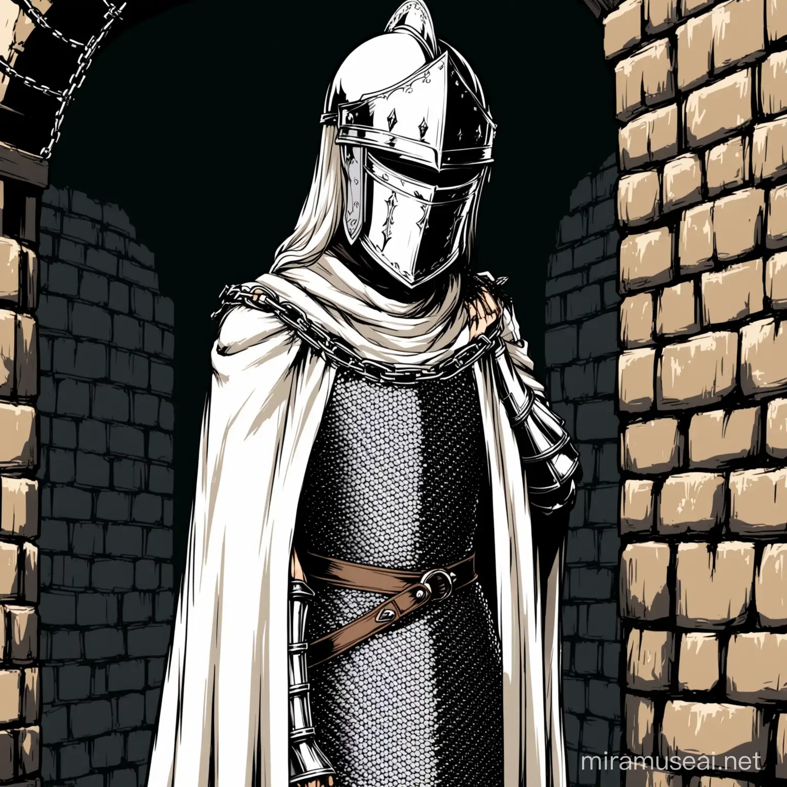 High detailed, Fantasy, Anime Style, Manga Style, Drawing, female knight, Helmet hiding face, chain mail, slim body, white tabard over chain mail, famine look poor look, pretending be a man tavern on the background.