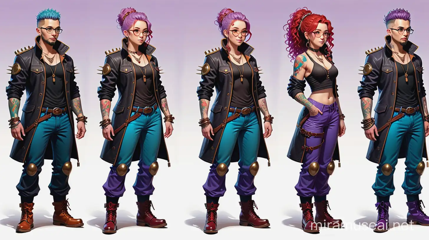 character concept art, jacket with spikes, group of characters, jacket with straps on the arms, concept art, character options, many details, full-length character, amber background, wooden beads on the neck, red steam around the body, lilac curly hair, tattoos, intricate details, blue pants, wide-soled boots, thick rings on the hands, round glasses, lilacs in the air, Concept art,
