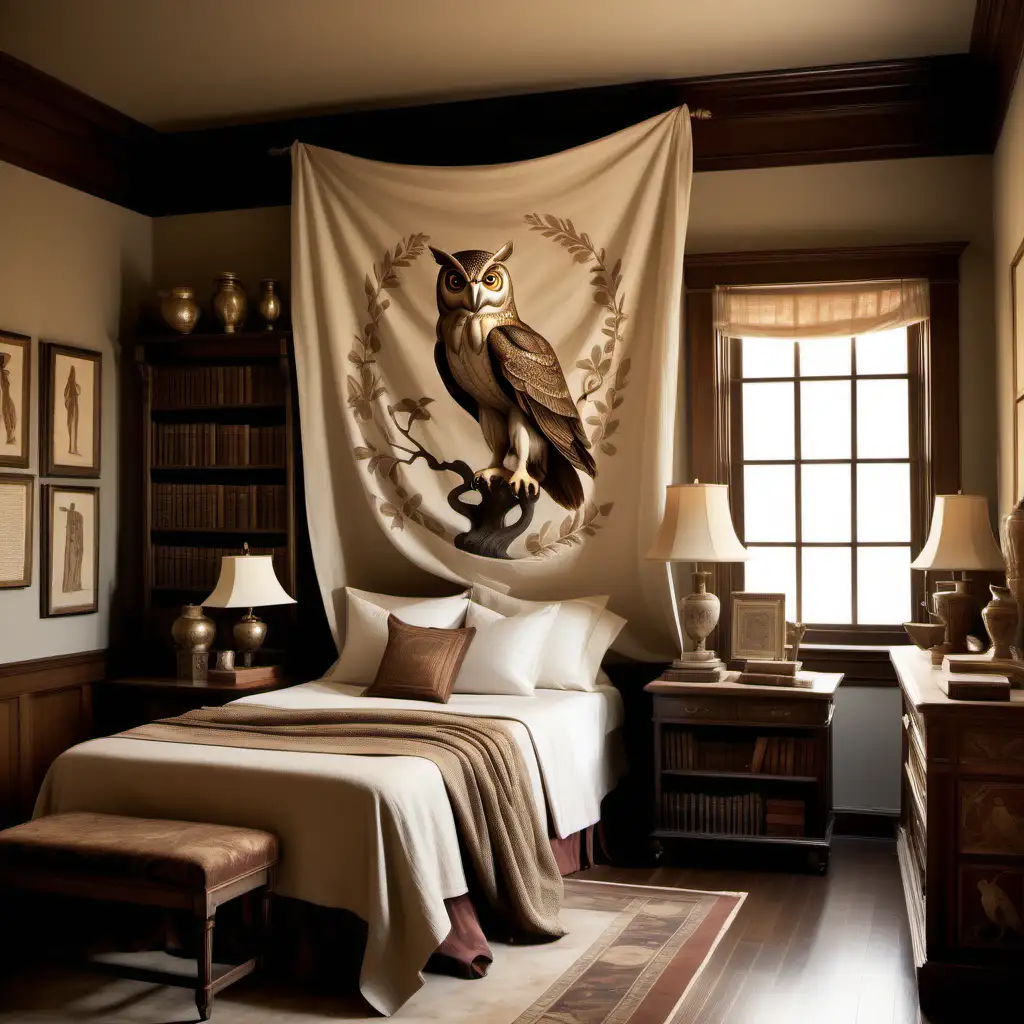 Athena standing in her serene and sophisticated bedroom, bathed in soft, natural light. The walls are adorned with shelves holding ancient scrolls, tomes, and scholarly artifacts. A grand oak desk sits against one wall, adorned with quills, ink pots, and parchment, indicating a space for intellectual pursuits. The bed, simple yet elegant, is adorned with crisp linens in neutral tones. Above it, a tapestry depicts scenes of wisdom and warfare, with Athena's iconic owl perched prominently at the center. The room exudes an air of quiet contemplation and wisdom, with a subdued color palette and minimalist decor. This bedroom captures the essence of Athena, the goddess of wisdom, strategy, and civilization, with its focus on intellect, knowledge, and clarity of thought. Style of Greek mythology.
