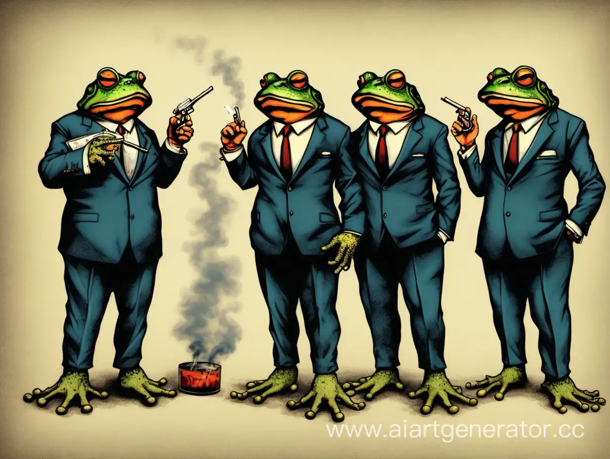 Four toads in suits with guns and cigarettes