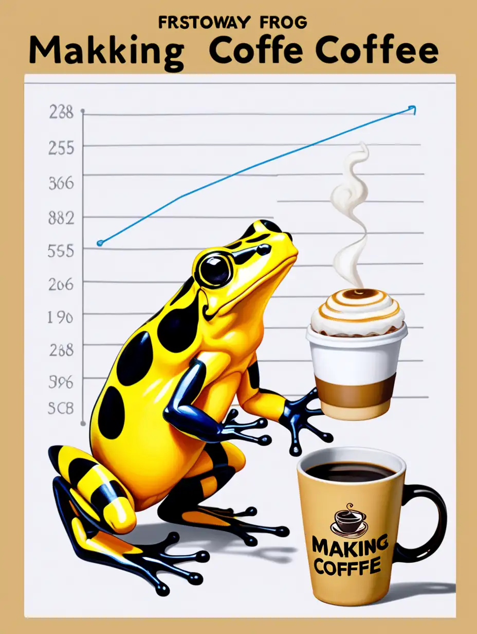  a yellow banded poison frog, holding a takeaway coffee cup that says Making Coffee. the background is a chart of the stock called FRG. the chart shows its going up in value. the frog has human like traits and anatomy 