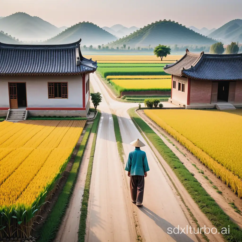 Second person, a rural house in China, the house is close to a field, and on the other side is a very wide road, the Chinese farmer, leaning against his own doorstep, looking towards his field.