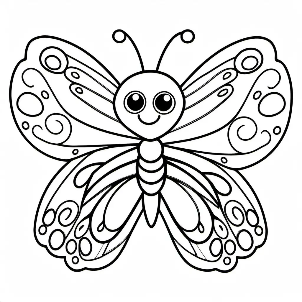 cute butterfly with big wings coloring pages, Coloring Page, black and white, line art, white background, Simplicity, Ample White Space. The background of the coloring page is plain white to make it easy for young children to color within the lines. The outlines of all the subjects are easy to distinguish, making it simple for kids to color without too much difficulty