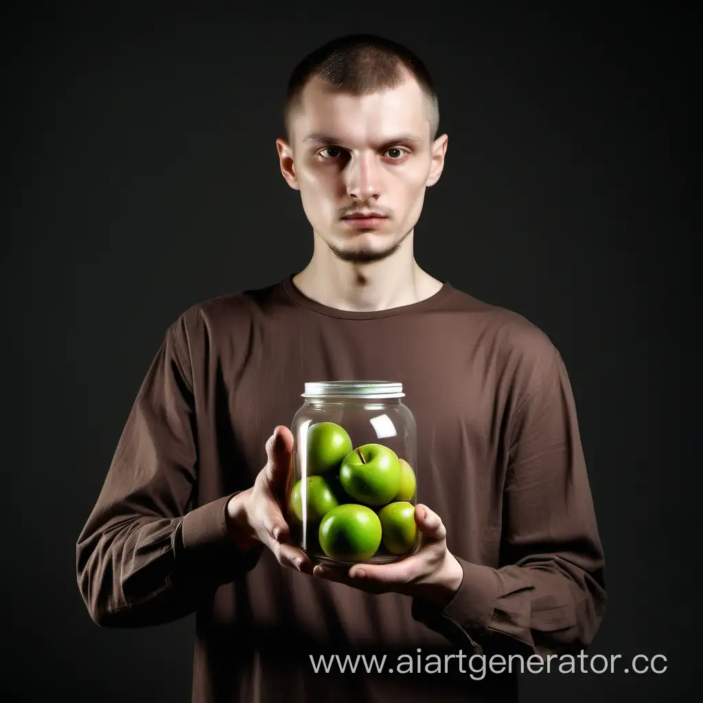 Slavic-Man-Holding-Transparent-Jar-and-Green-Fruit