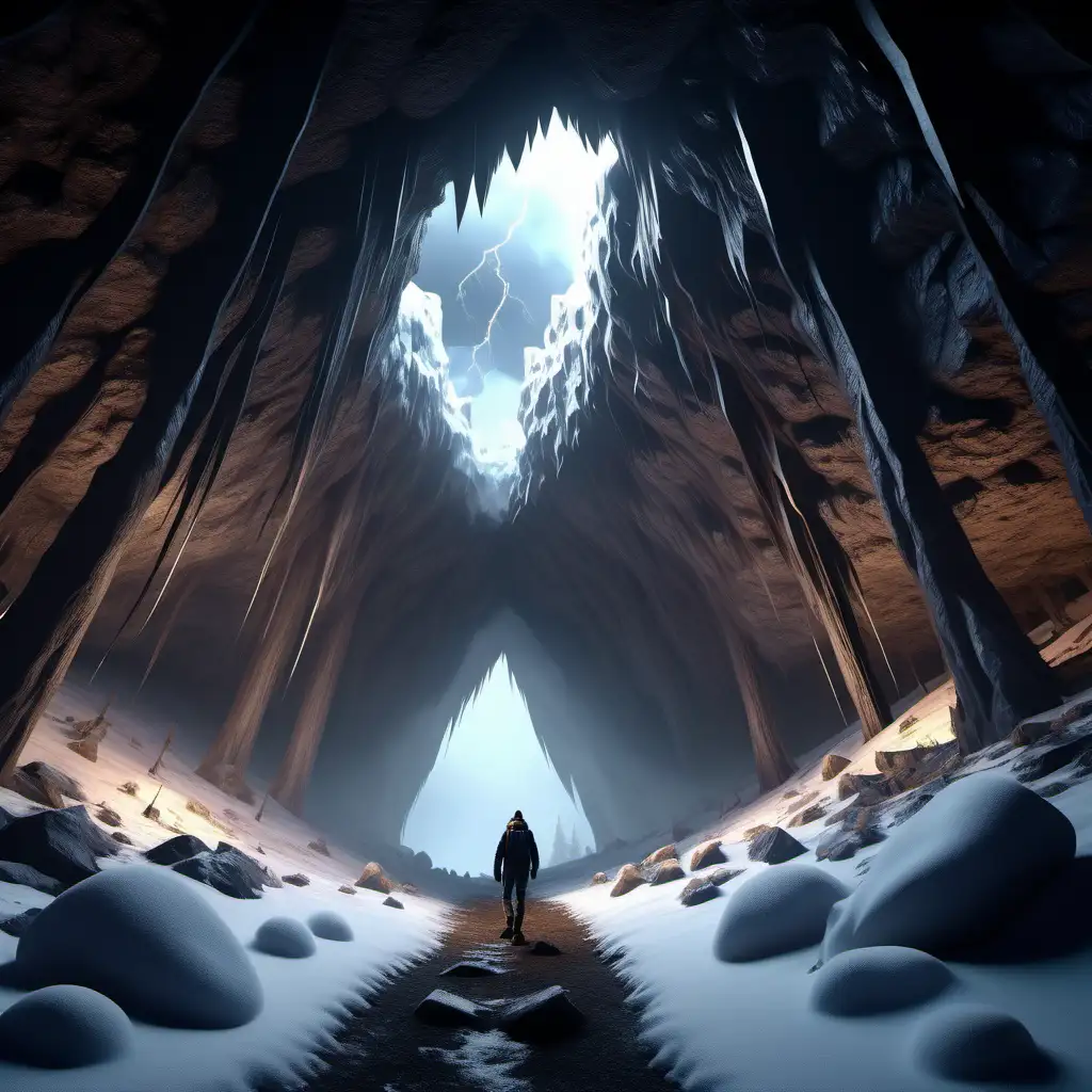 create a hyped cave in a mountain landscape, giant is walking, taller than the trees, snowy landscape, twilight, 1080p resolution, ultra 4k, volumetric lightning, high definition