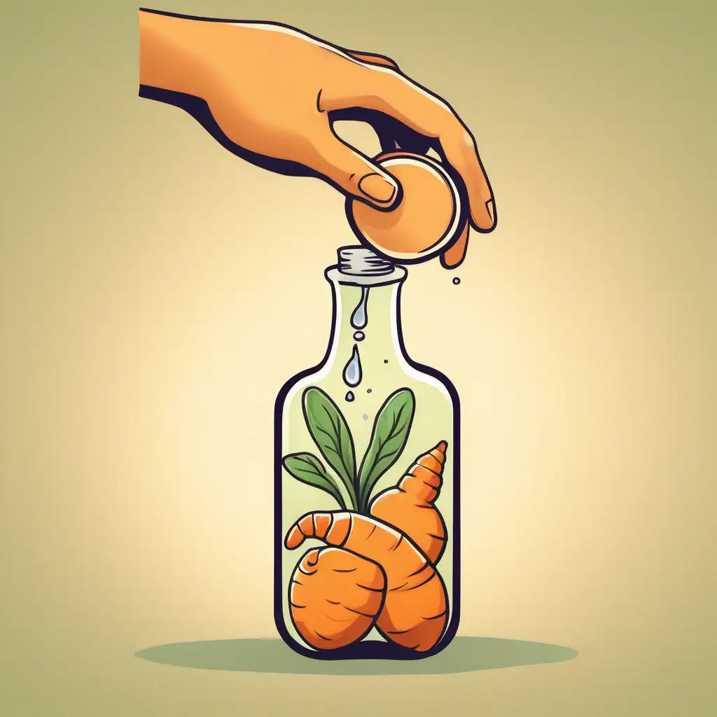 /imagine cartoon of a hand pouring liquid out of a small bottle with an image of ginger and carrot inside the bottle  