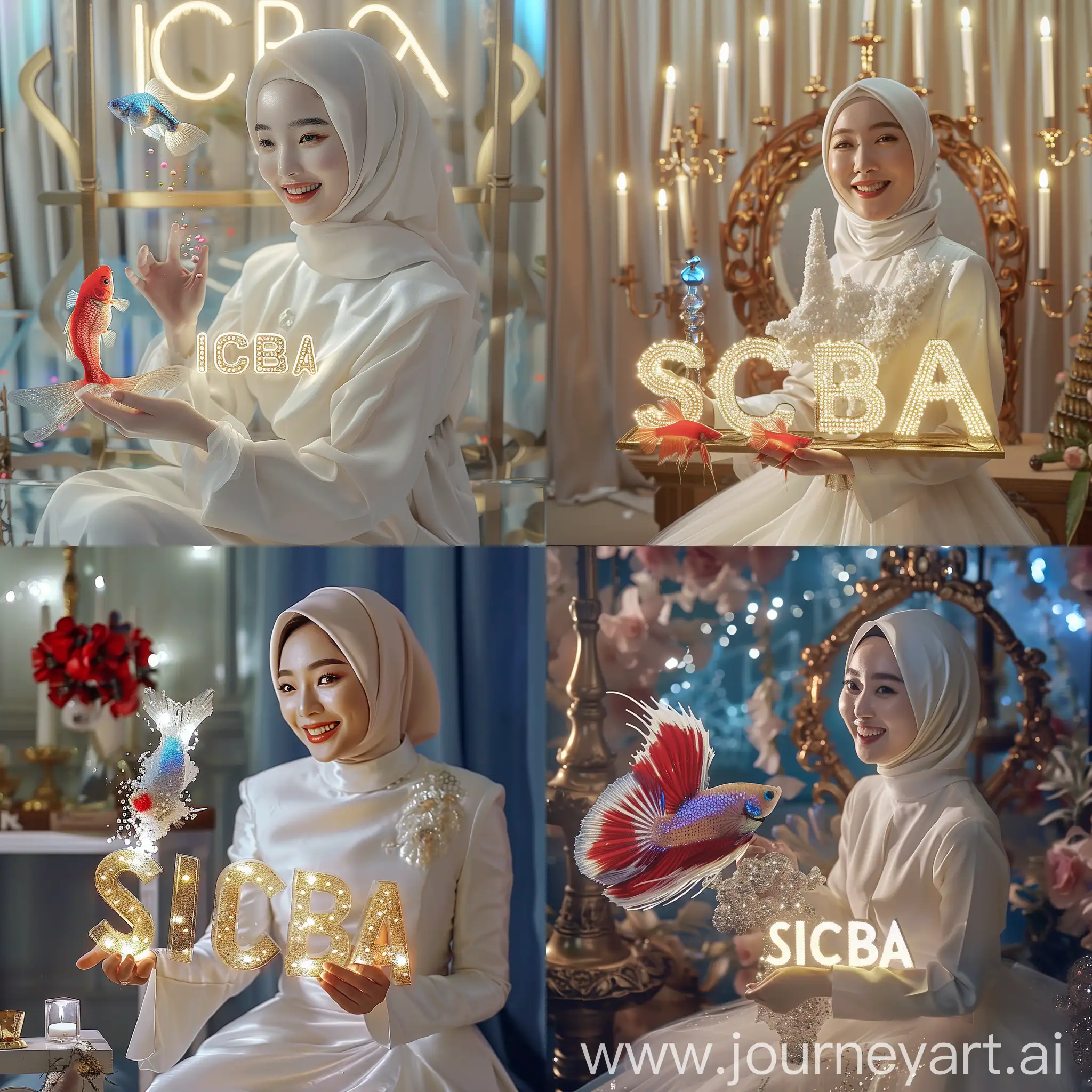 super ultra hyper extreme amazing detailed and realistic crystal text name that says very detailed "SICBA" lights up with white bias gold crome water that says "SICBA", extreme fractal, mirroring effect photography very clouse up korean beautiful hijab woman smile white dress sitting a altar holding a miniature red blue white betafish with long tailed. 4k UHD