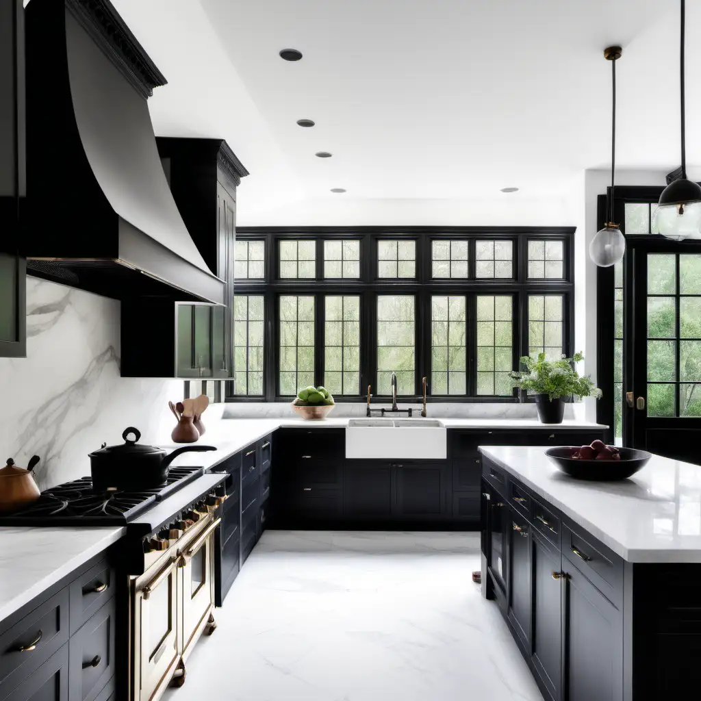 Kitchen with black oak cabinets, no upper cabinets, windows above counters, marble countertops, Black Aga Elise range and white plaster hood