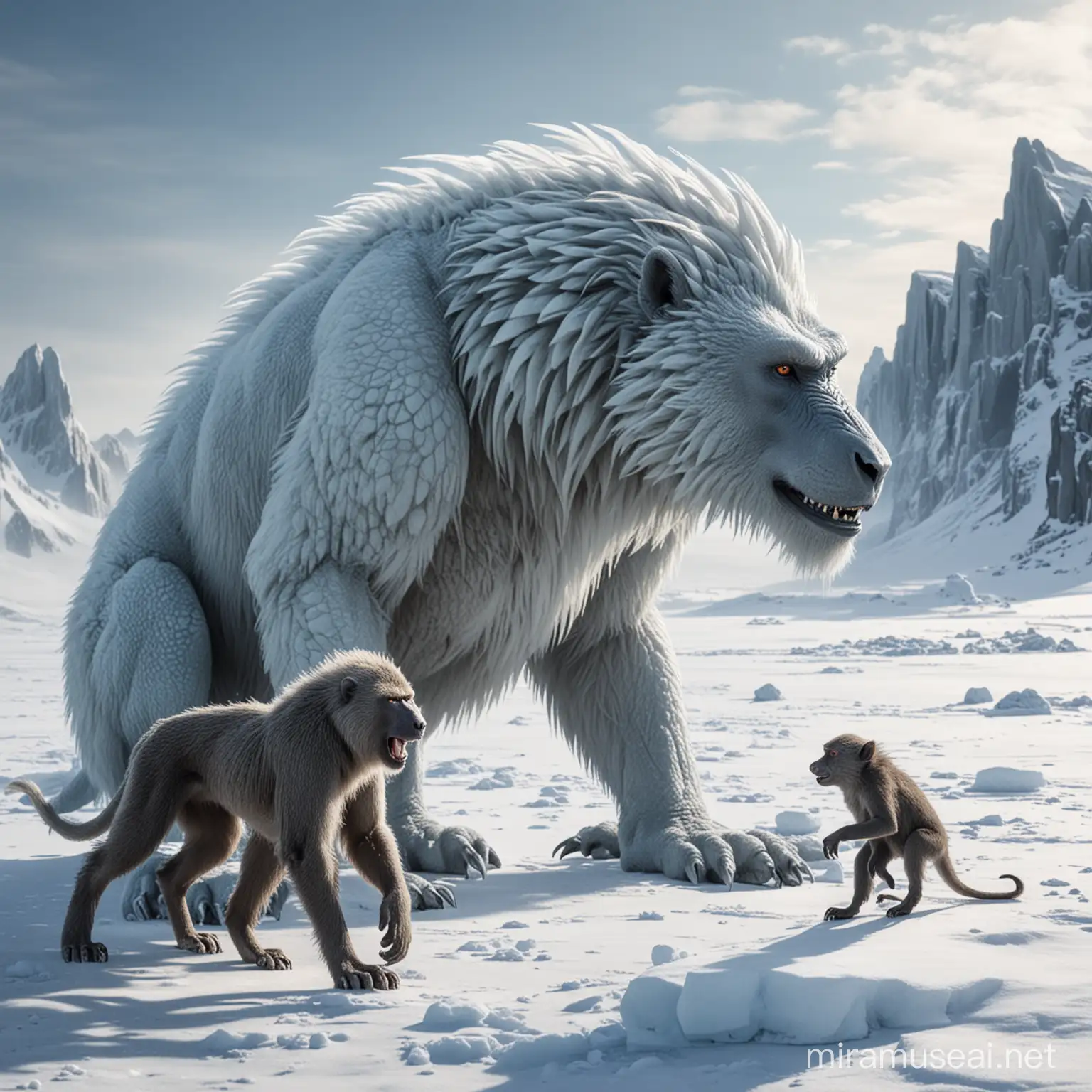 Majestic Ice Dragon Encountering a Curious Baboon in a Glacial Landscape