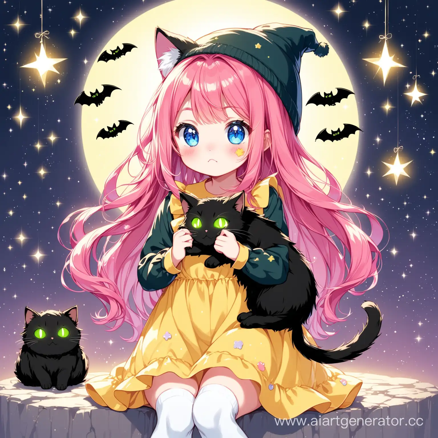 Whimsical-Girl-with-Pink-Wavy-Hair-Holding-Bat-and-Displeased-Black-Cat