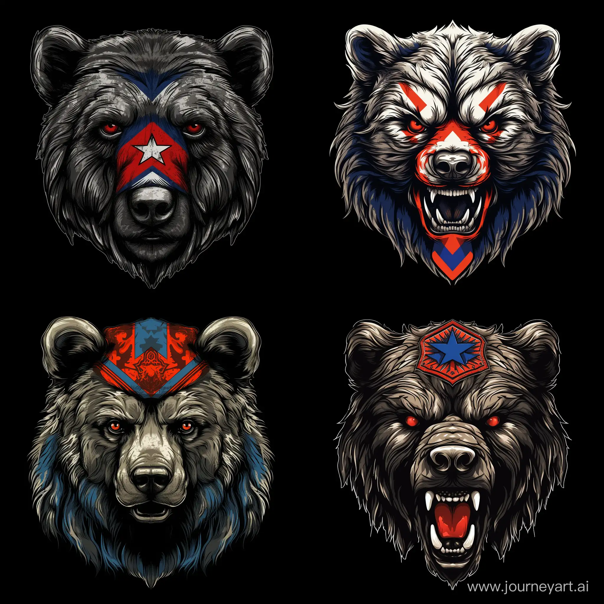 T-shirt print vector ferocious bear with a Russian flag tied  in a bandana on its head on a black background