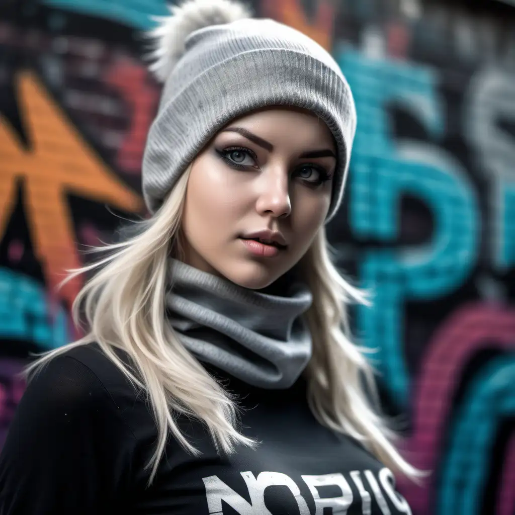 Beautiful Nordic woman, very attractive face, detailed eyes, perfect breasts, slim body, dark eye shadow, messy blonde hair under a grey beanie, wearing a balaclava on her face, wearing a b-boy style cosplay outfit, bust shot, bokeh background, soft light on face, rim lighting, facing away from camera, looking back over her shoulder, standing in front of an elaborate urban graffiti wall, Illustration, very high detail, extra wide photo, full body photo, aerial photo