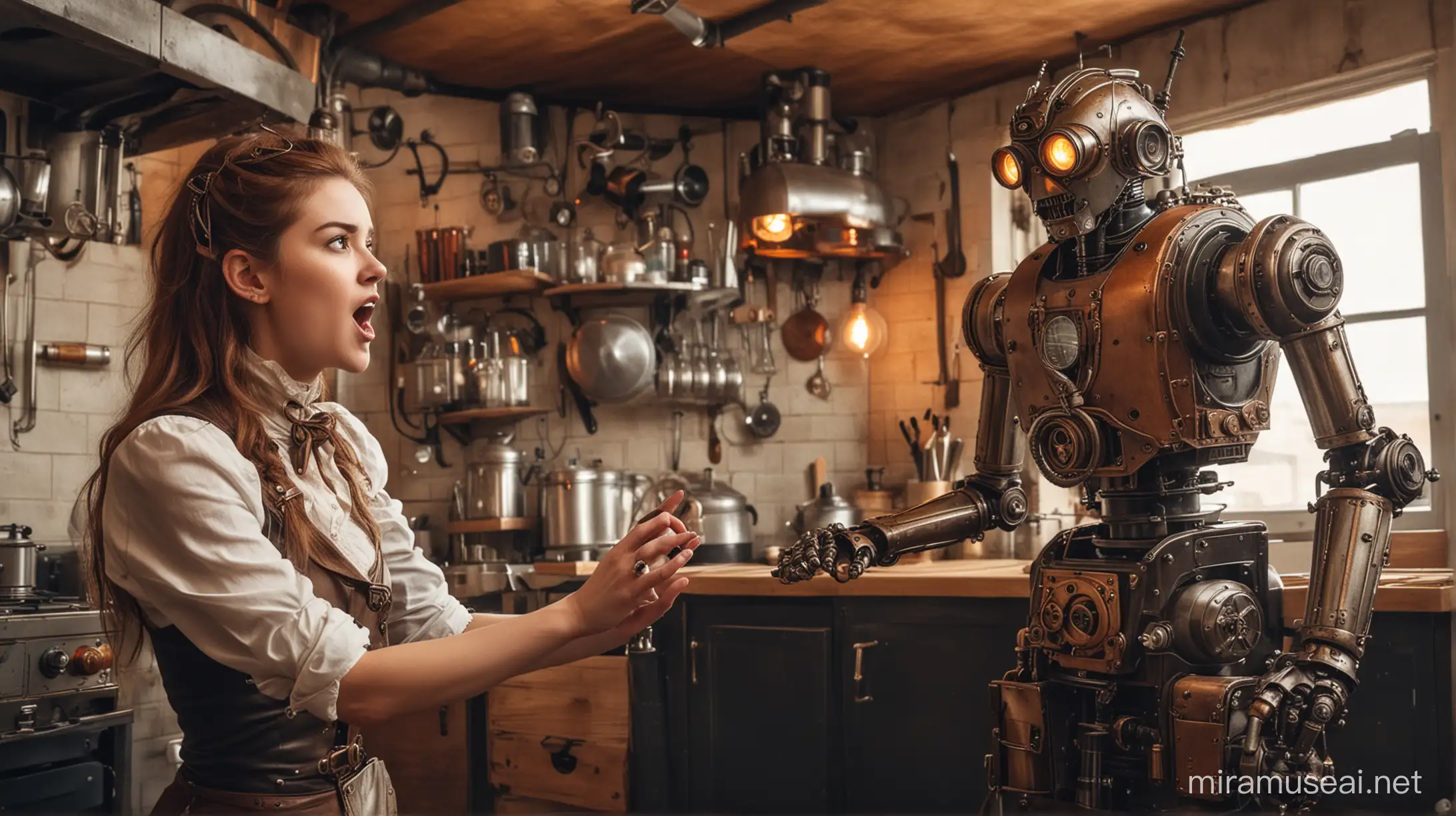 Young steampunk woman shouts at a steampunk robot in a steampunk kitchen.