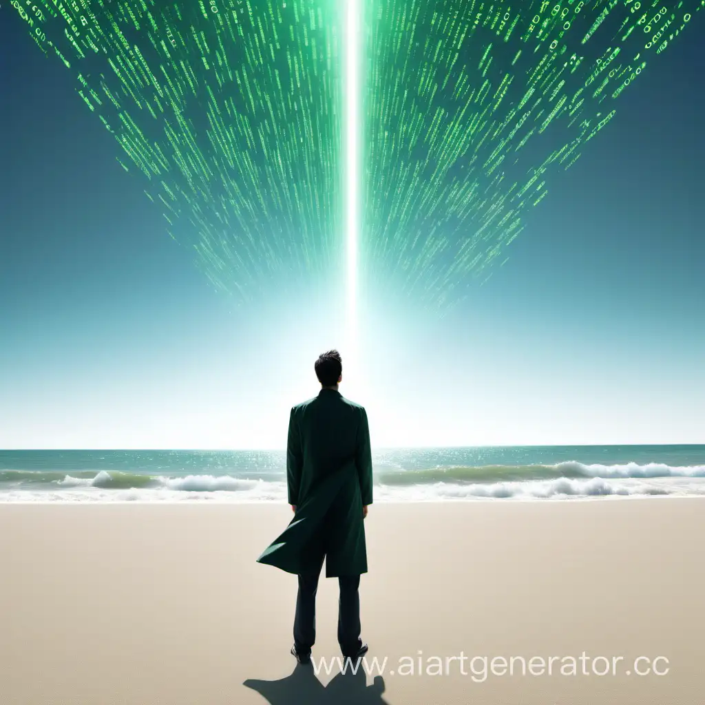 A person on the beach looks into the sky, realizing that he is in the matrix and the only chance to get out of it is self-development 