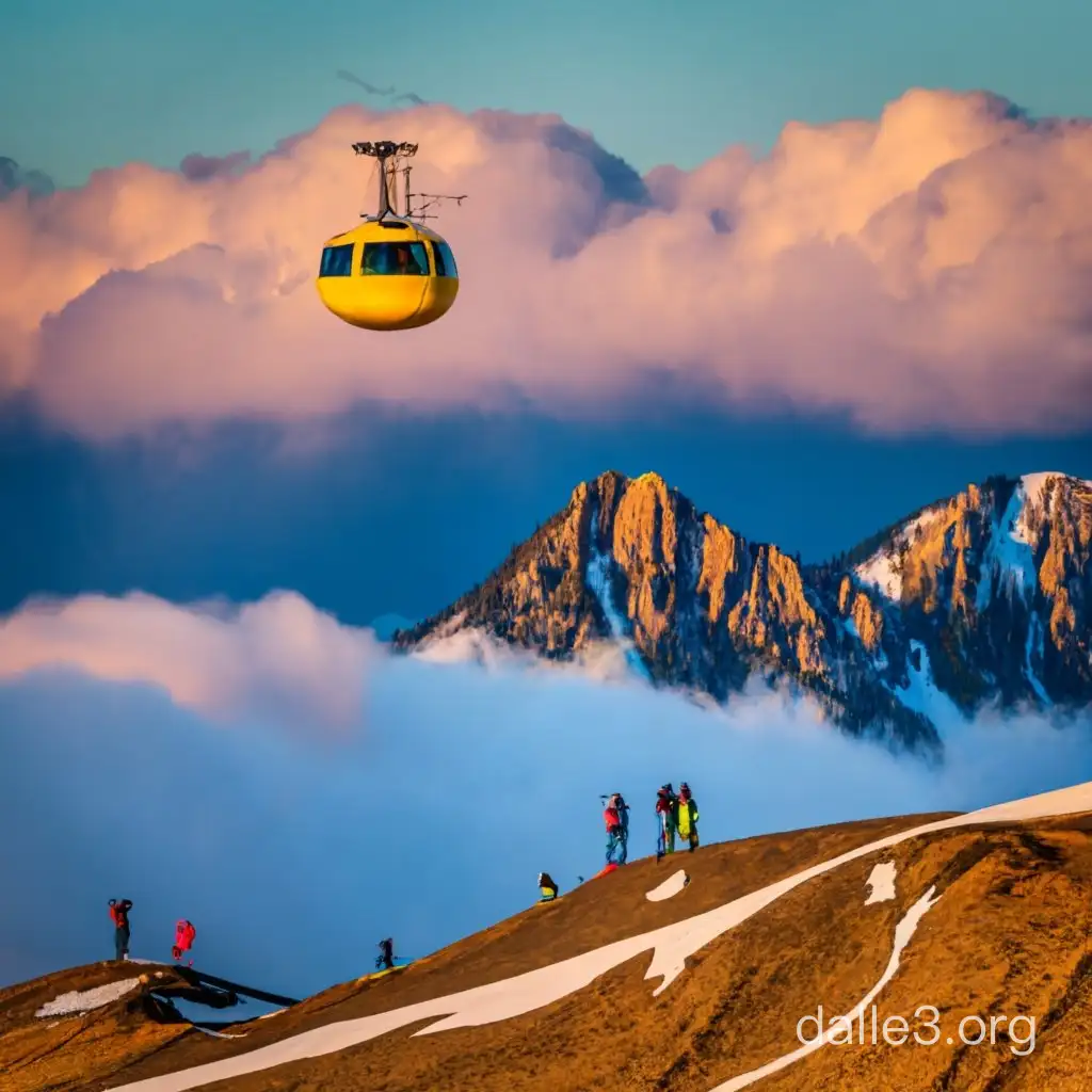 A yellow submarine floating over Lone Peak at Big Sky, Montana in marmalade clouds with skiers cascading of the runs in psychedelic outfits on a blue sky sunny day