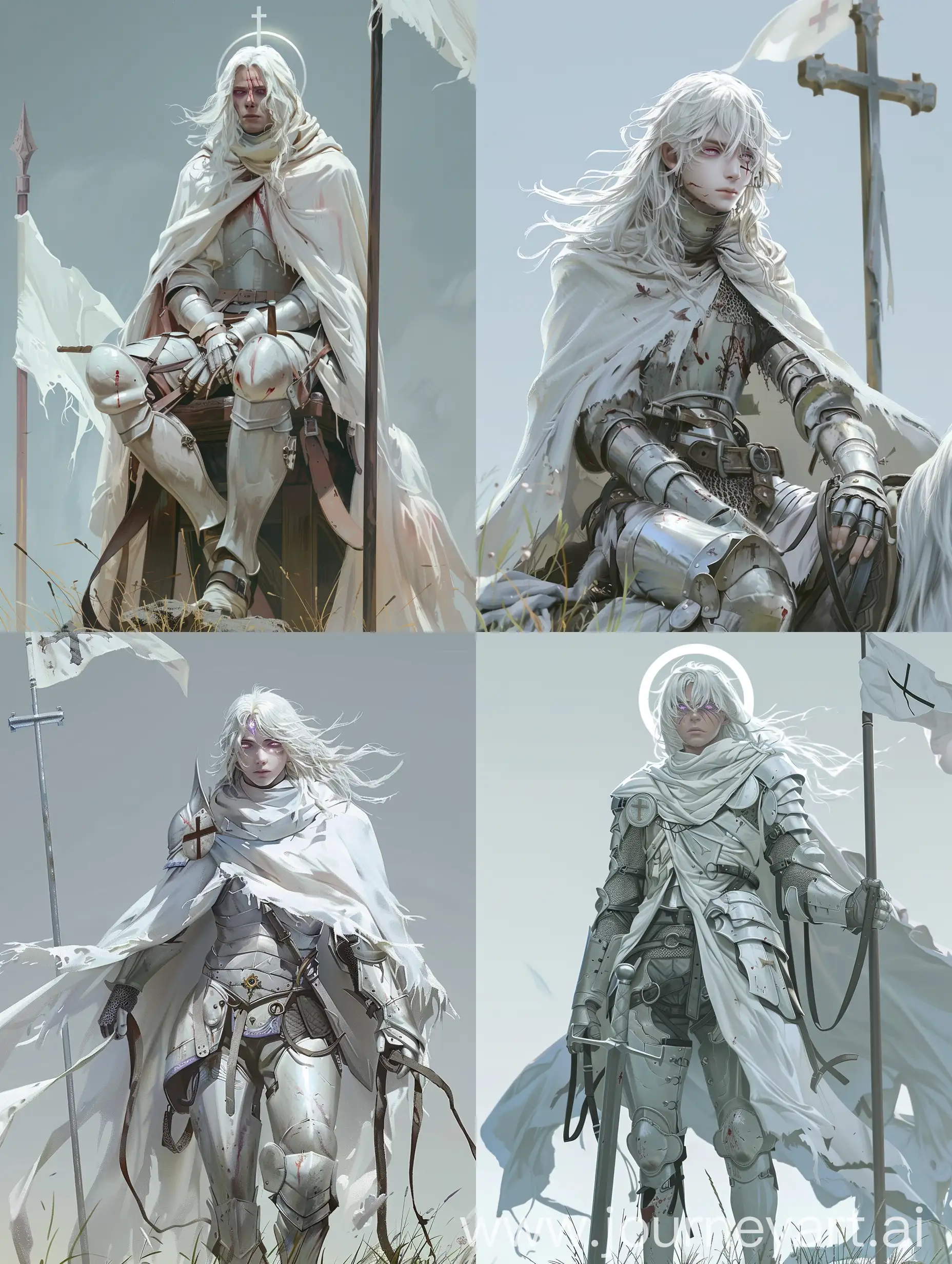bandages, cross, grey background, halo, male focus, solo, white cloak, white hair, white theme, 1boy, armor, armored boots, pale blue sky, breastplate, white hair, cape, day, flag, gauntlets, grass, greaves, horse, horseback riding, knight, long hair, outdoors, plate armor, reins, riding, saddle, sky, solo, weapon, silver metal, pale violet eyes, scar on the face, androgyny, young
