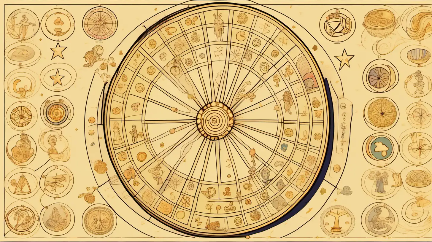 astrological wheel,  lucky charms flying around the wheel, loose lines, muted color palette, light gold