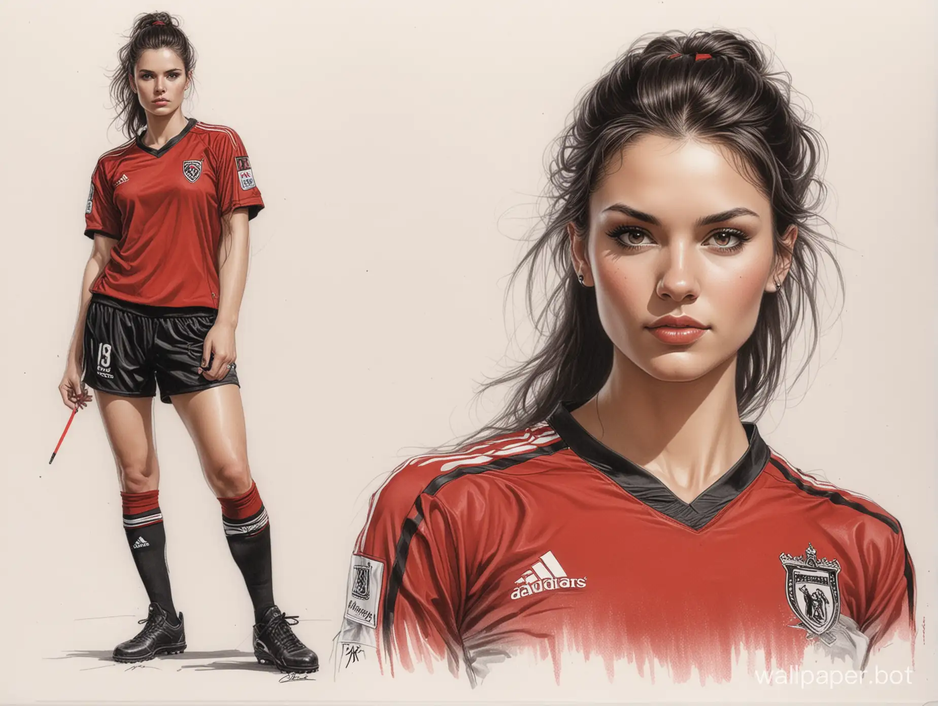 sketch of Julia Steingruber, 25 years old, dark hair styled, size 6 chest, narrow waist, in black and red soccer uniform, white background, sketch with marker, style of Luis Royo portrait