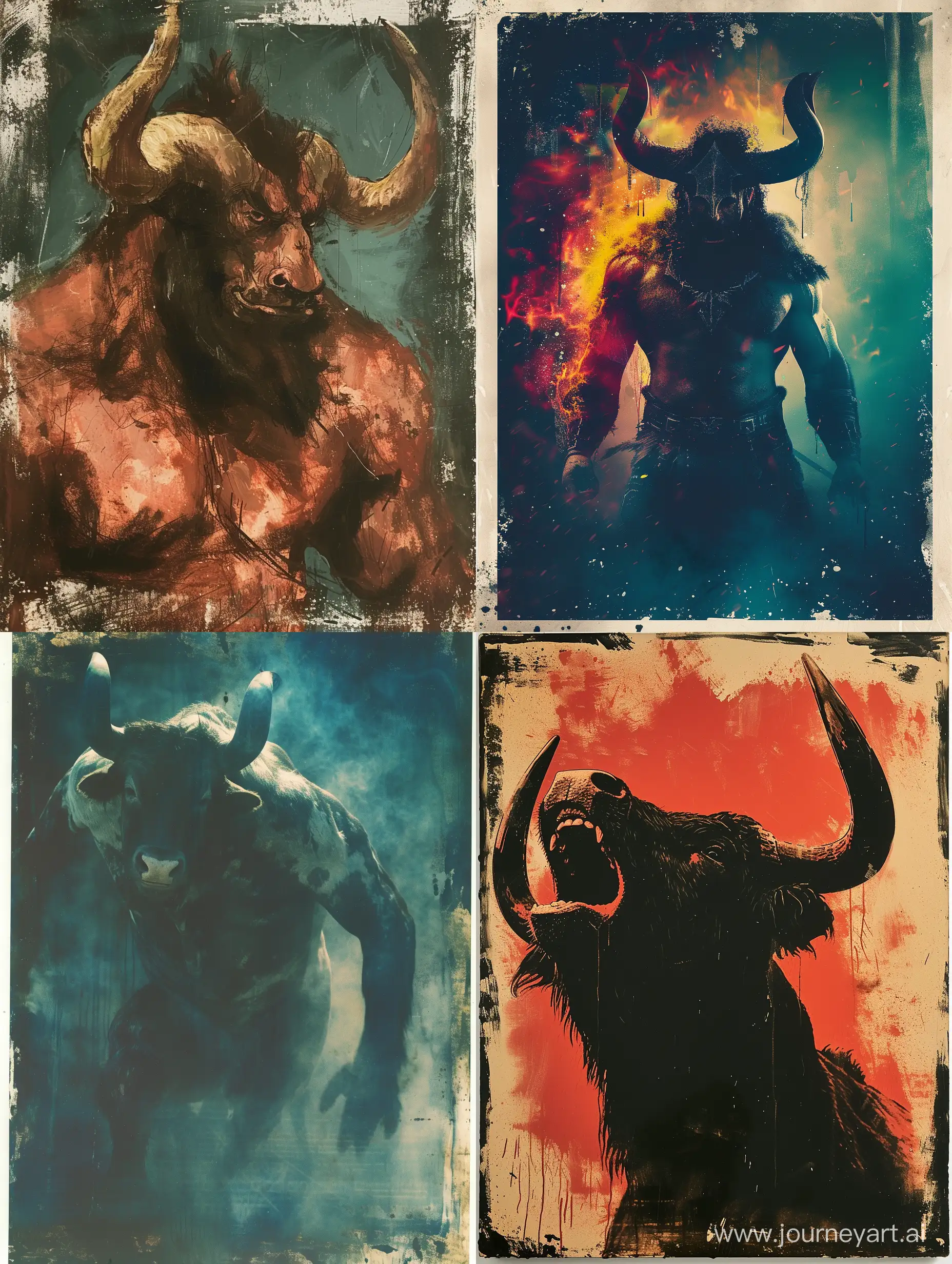  /imagine prompt: Minotaur, Showing the Emotion of Anger, Ultra Quality, Backlight, Cool Color Palette, :: polaroid::1