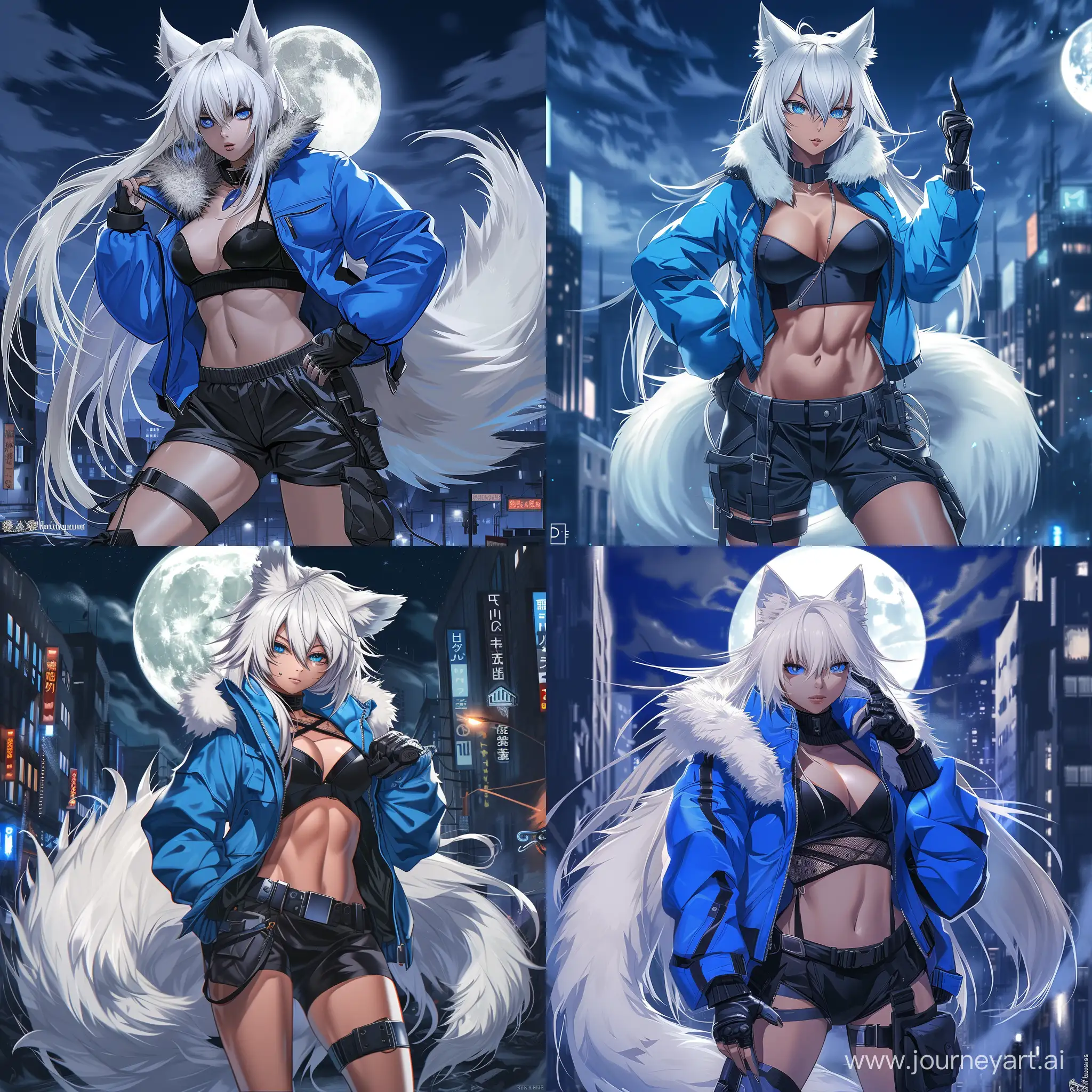 anime-style, full body, athletic, muscular, tan skin, adult woman, long white hair, white fox ears, white fox tail attached to her waist, fierce blue eyes, blue jacket, black sports bra, baggy black cargo pants, black boots, black leather gloves, dynamic, city, night, full moon, fur collar