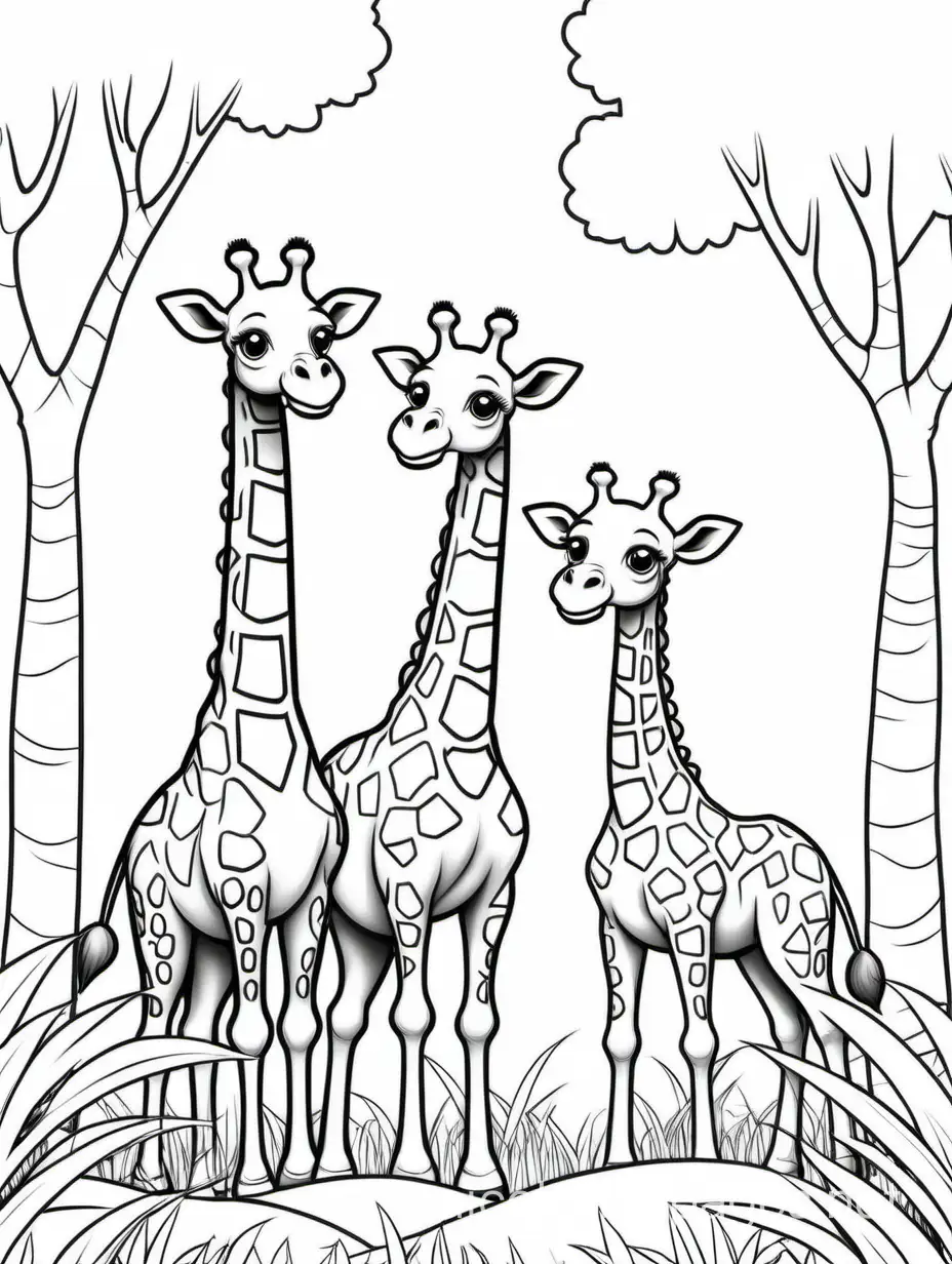 Cute giraffes in grass, tress, forest, Coloring Page, black and white, line art, white background, Simplicity, Ample White Space. The background of the coloring page is plain white to make it easy for young children to color within the lines. The outlines of all the subjects are easy to distinguish, making it simple for kids to color without too much difficulty