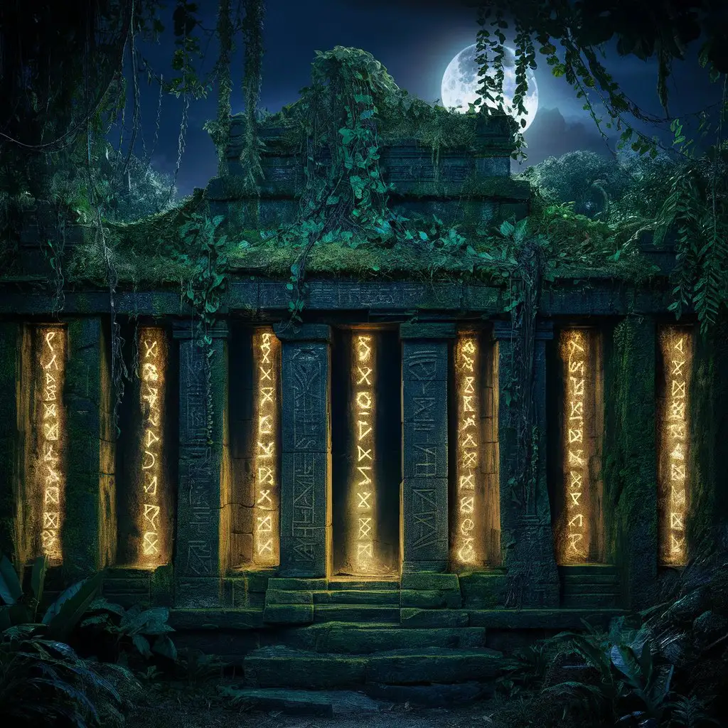 An ancient temple in a jungle, overrun with flora and mystical runes glowing in the moonlight.