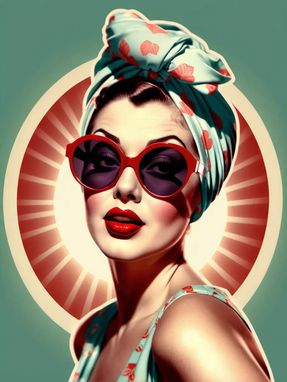 Woman with flare and attitude, in a sassy pose, red glossy lips, pastel colors, big dark sunglasses and a head scarf Hollywood style. Hollywood Pinup style of the 1930's. vintage. no arms no hands. circle of light behind the womans head. Realistic illustration