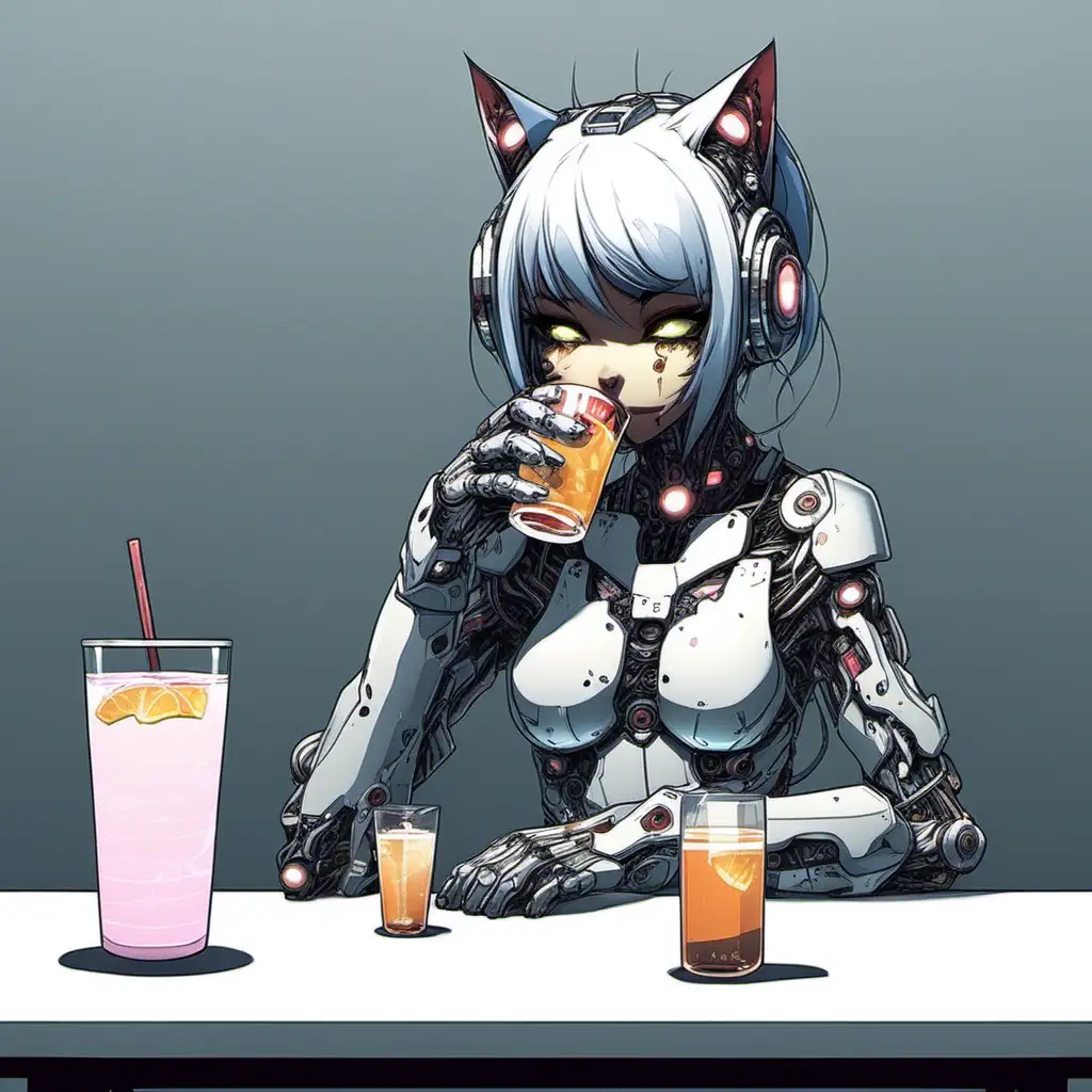 Sad cyborg cat girl having a drink