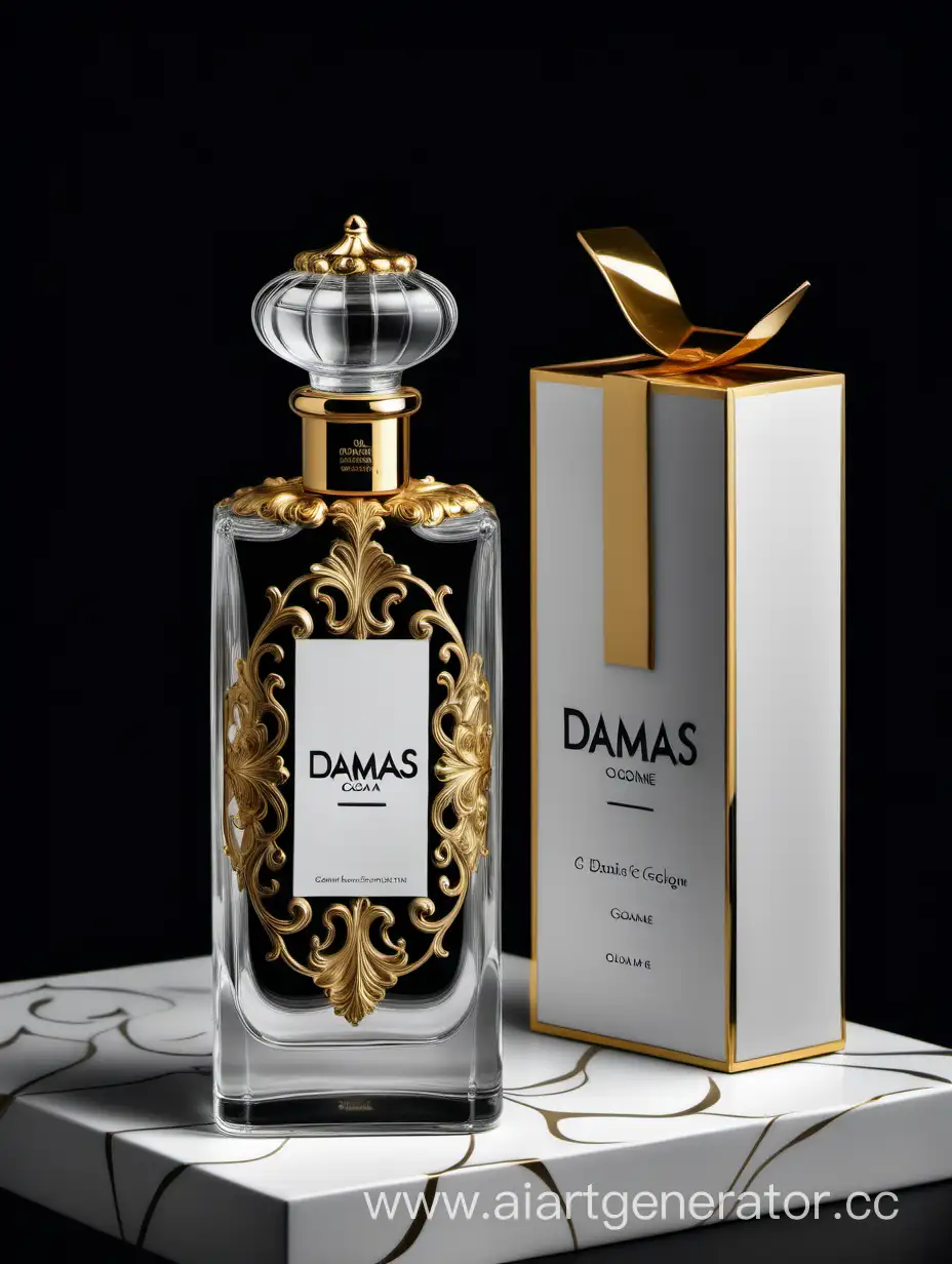 a bottle of Damas cologne sitting next to a dark white box, with golden lines, a Baroque dynamic luxurious composition, feminine Flemish Baroque