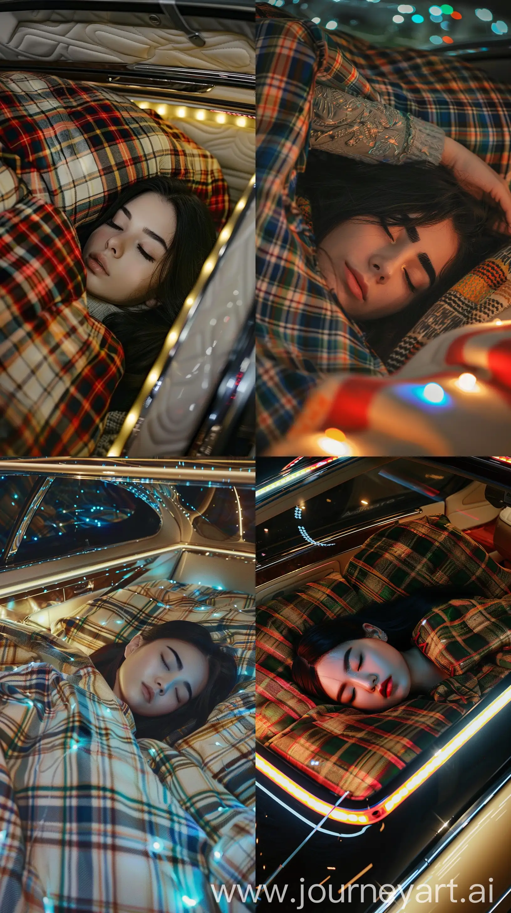 the girl sleeps in a lighted maybach covered with a plaid (the face is not visible, only the black hair and eyebrow are visible) posted on Instagram --style raw  --ar 9:16 --v 6.0