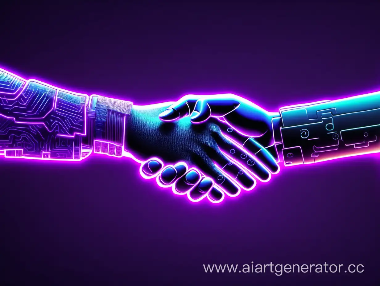 Рукопожатие человека и искусственного интеллекта на тёмном фоне. Неоновый свет в фиолетовом спектре