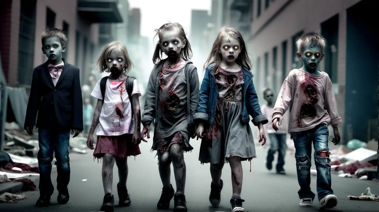 PostApocalyptic Scene Zombie Children Roaming Abandoned Streets in 2050