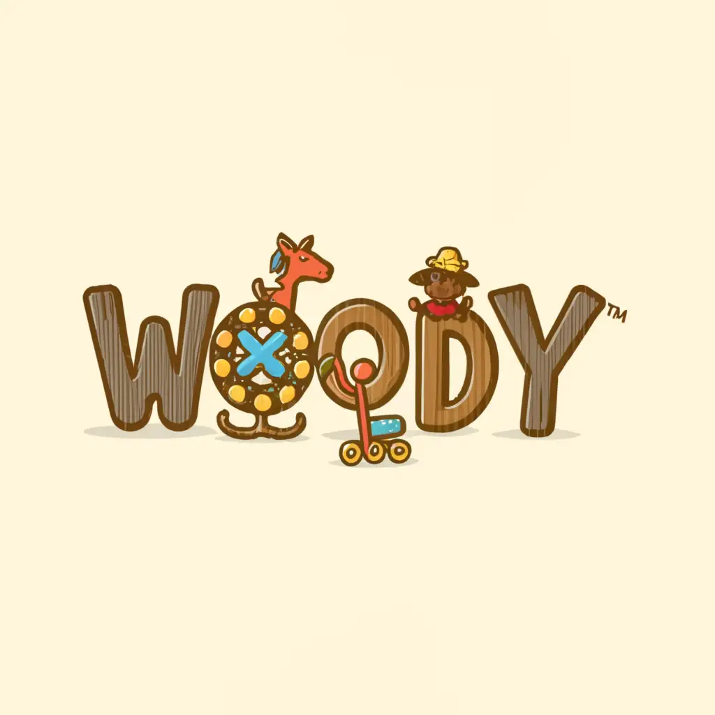 a logo design,with the text "woody", main symbol:playful wooden toys,complex,clear background