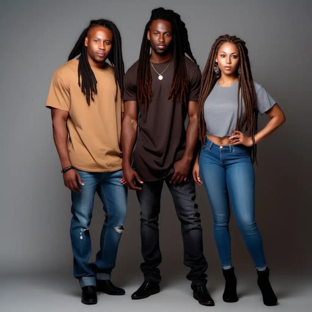 Hair Photo Shoot.
Handsome black man with long styled dreads wearing a tan t shirt and denim jeans. Beautiful dark brown skin black woman wearing ginger natural long hairstyle wearing brown t shirt and denim jeans. Beautiful black light skin woman with beautiful long dreads wearing a brown t shirt and denim jeans. All three people are modeling their hairstyles