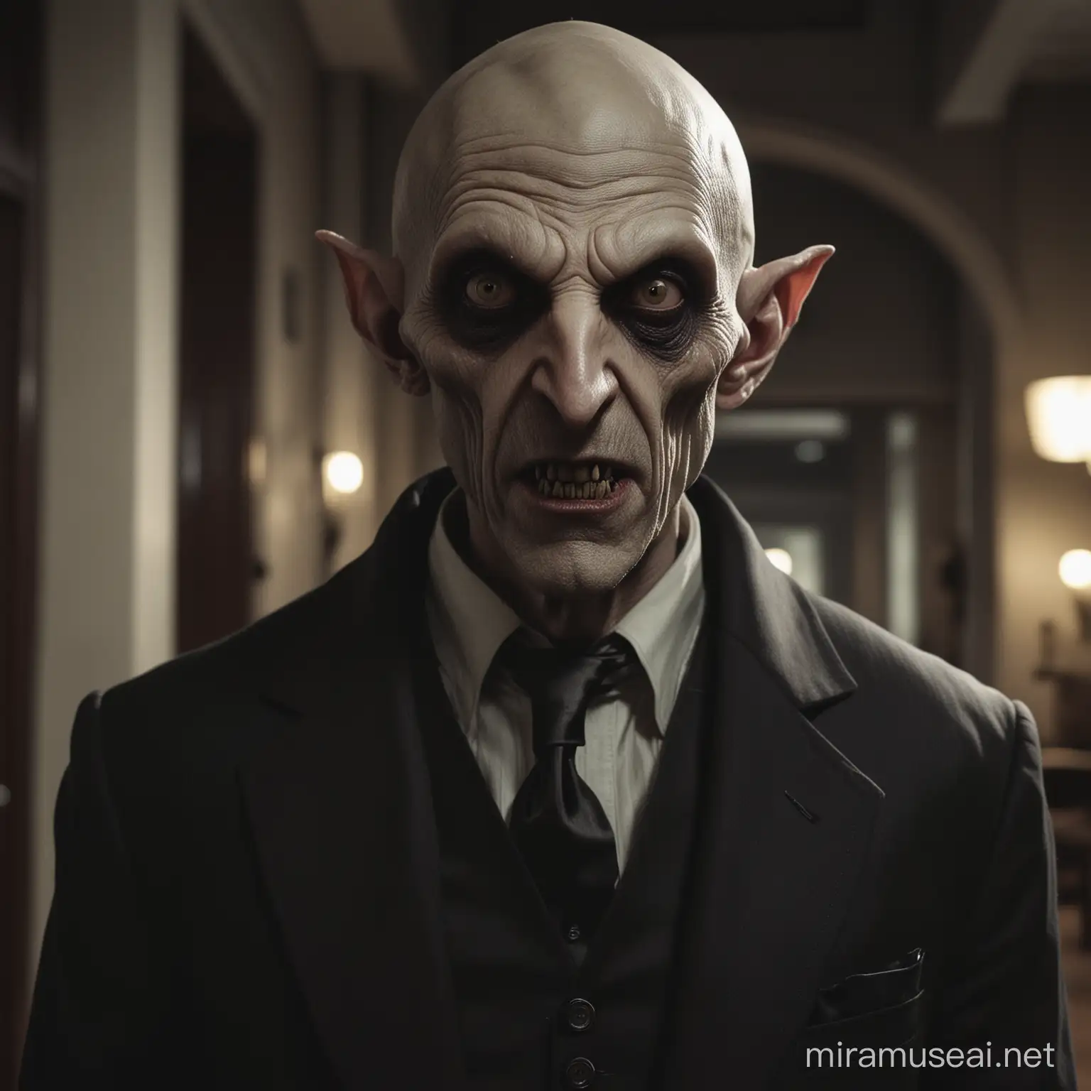 A male Nosferatu, wearing a suit, bestial features, hideous, sharp teeth, inside in a lobby at night, realistic