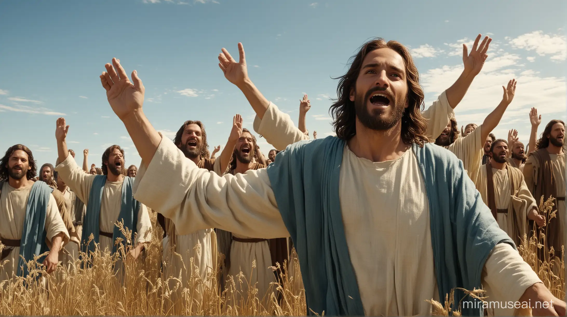 create an image of Jesus in an open field with his group of people, sócelebrating estern,under a serene blue and sunny sky. 6k resolution, more realistic, based on the movie The Passion of the Christ.