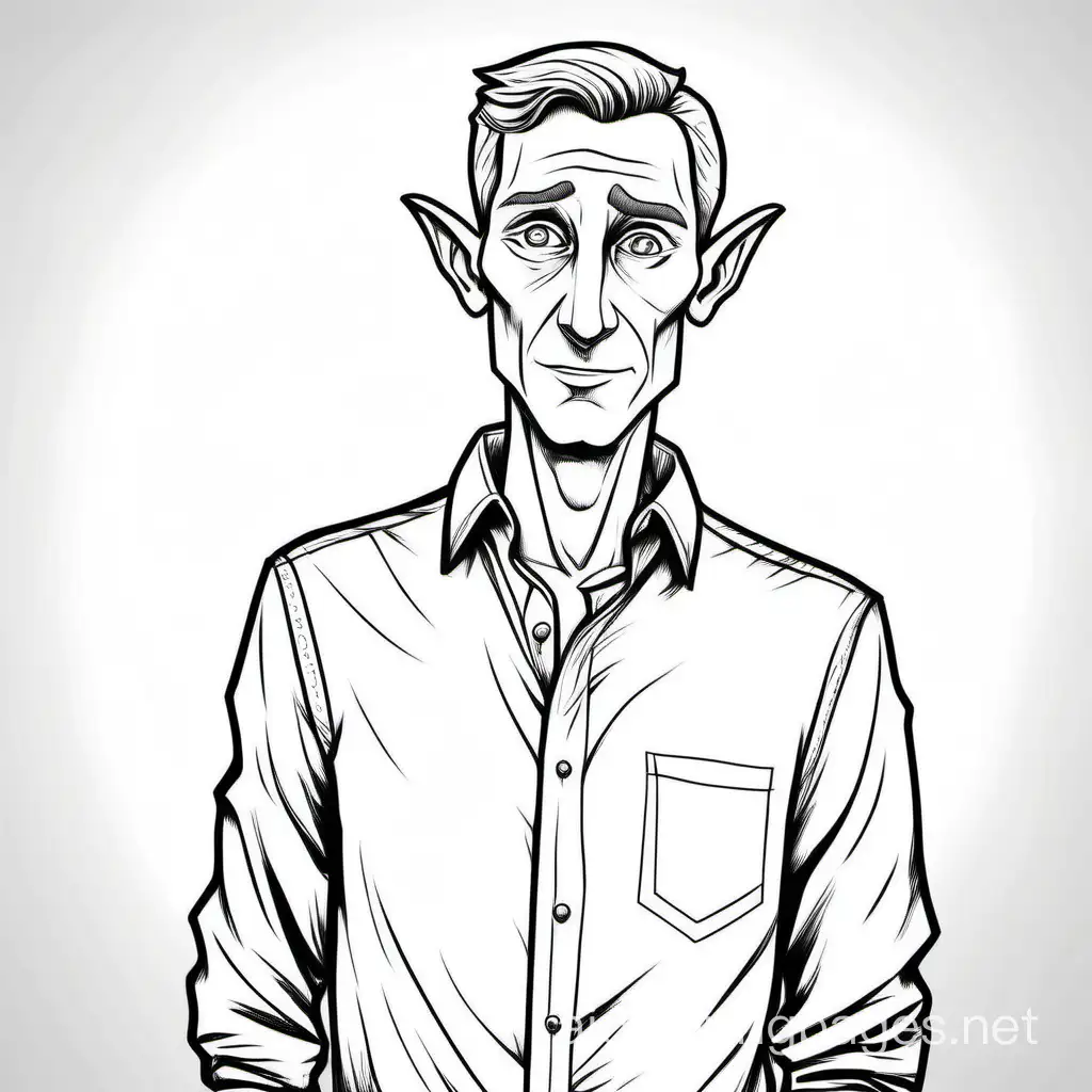 black and white line draw of a tall good looking skinny man with really big ears and make the ears extremely stick out  and make the ears exaggeratedly big. on the mans shirt i want it to sayj "SKILL", Coloring Page, black and white, line art, white background, Simplicity, Ample White Space. The background of the coloring page is plain white to make it easy for young children to color within the lines. The outlines of all the subjects are easy to distinguish, making it simple for kids to color without too much difficulty