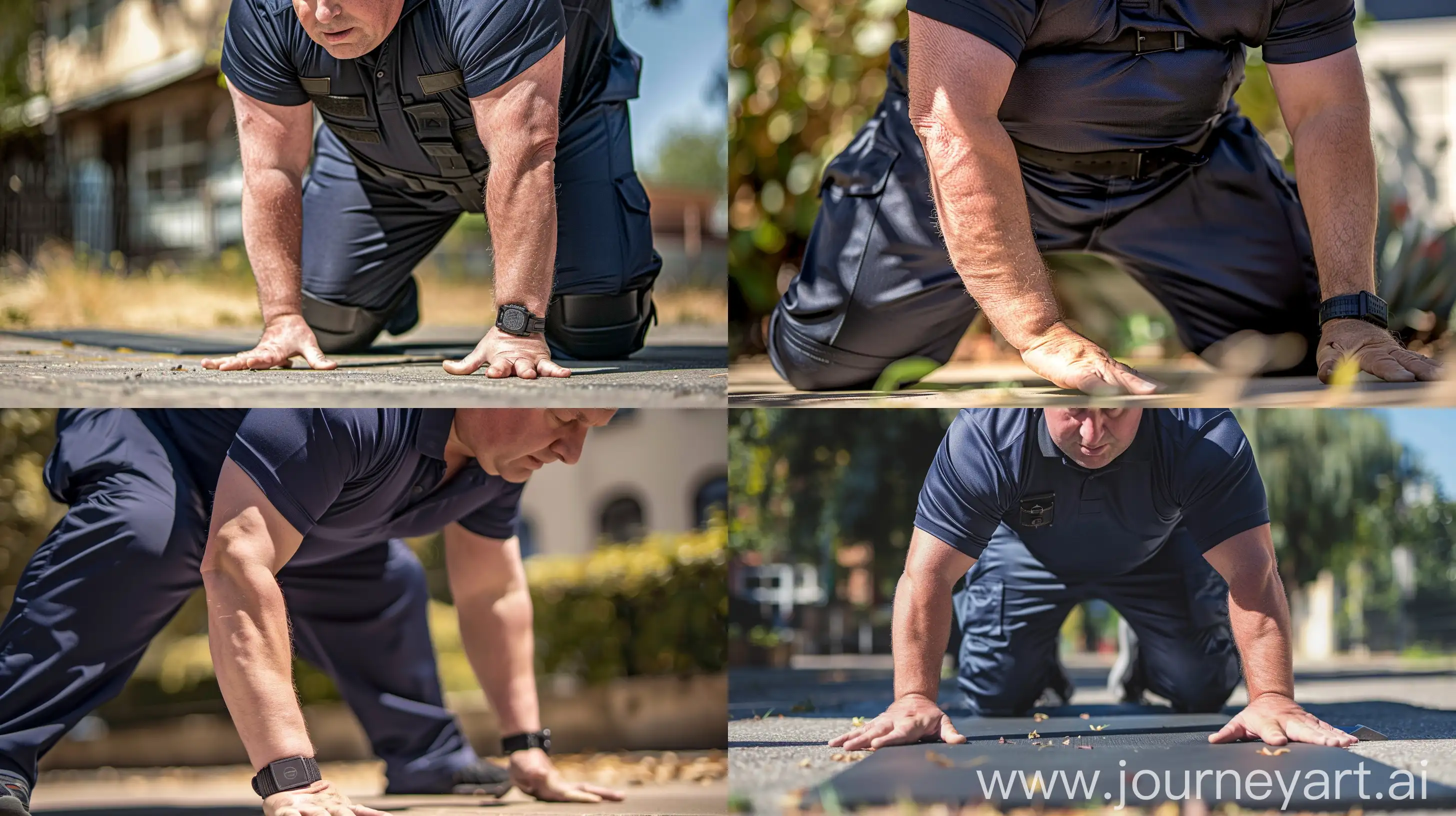 Close-up photo of a fat man aged 60 wearing a silk navy slim-fitted battle pants and a tucked in silk navy sport polo. Black tactical belt. Doing planks. Hands and feet on the ground. Outside. Bald. Clean Shaven. Natural light. --style raw --ar 16:9