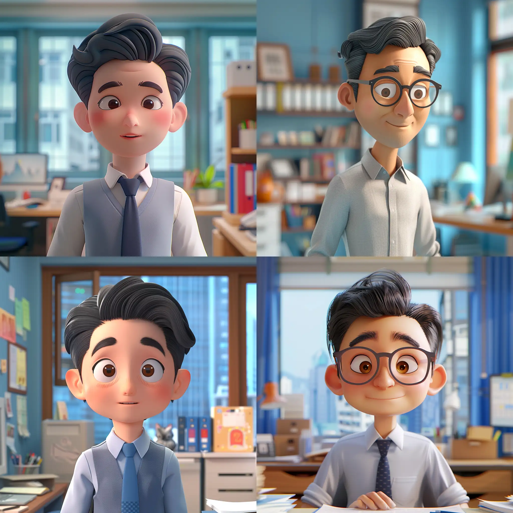 Create a 3D animated character of a pro-copywriter in an office setting, with warm cartoon-like features and human-like proportions, wearing contemporary professional attire. The character should have a friendly and thoughtful expression, working in a cozy office in Hong Kong. The overall color palette should include shades of blue close to #2563eb for a harmonious and inviting atmosphere.
