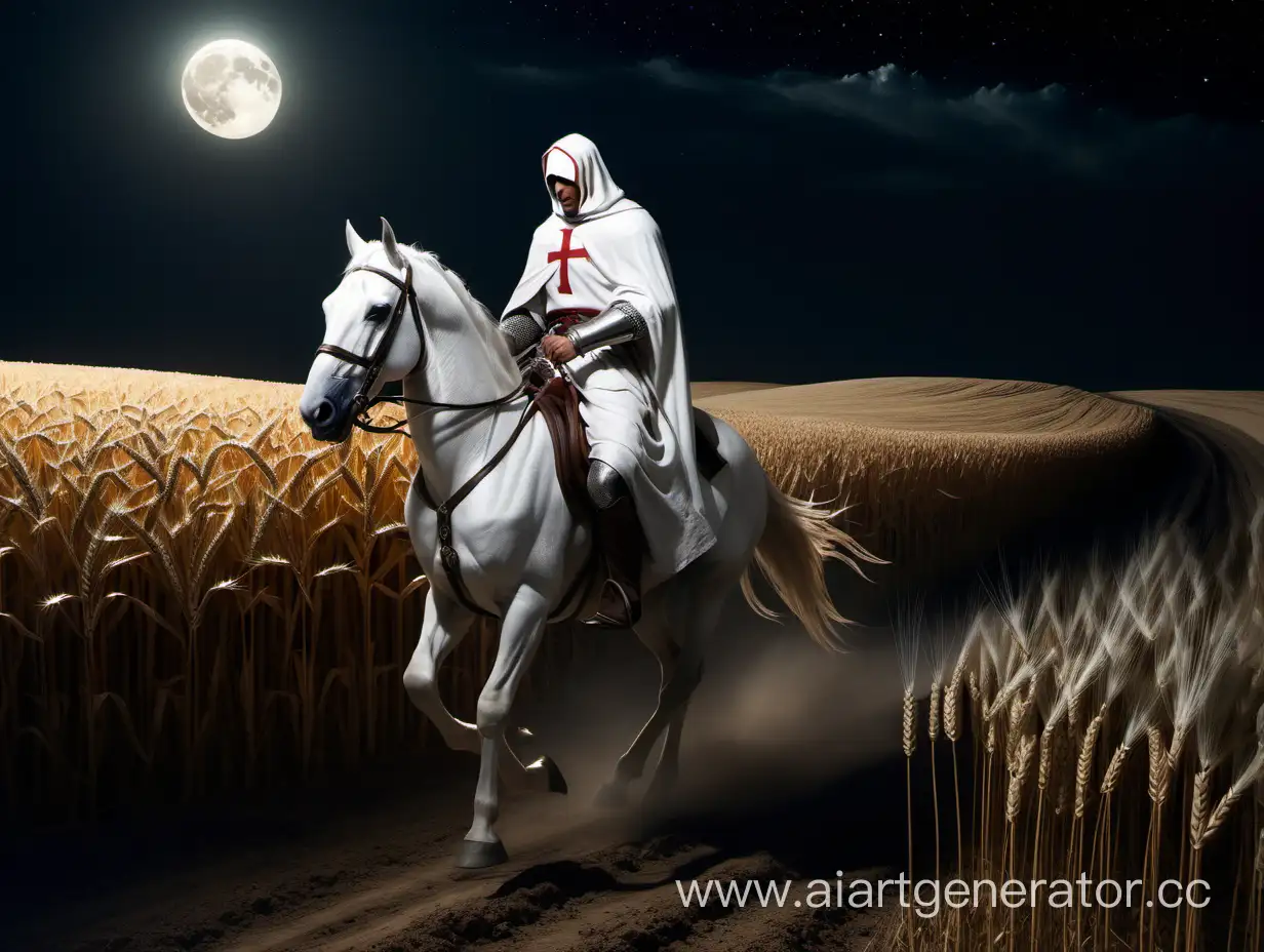 ночь,  пшеничное поле,  по грунтовой дороге едет тамплиер на белом коне