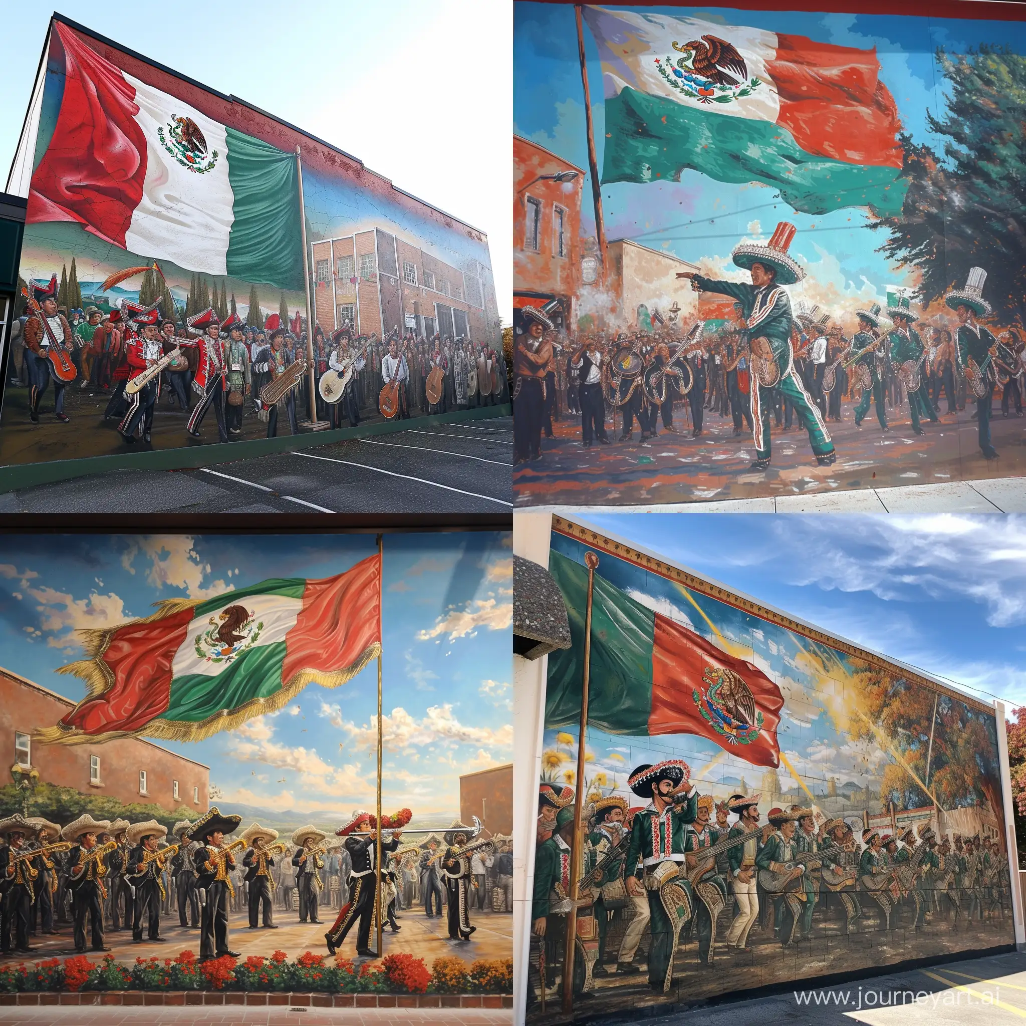 Mural on mexican immigrants in washington state. Include the mexican flag and mariachi bands