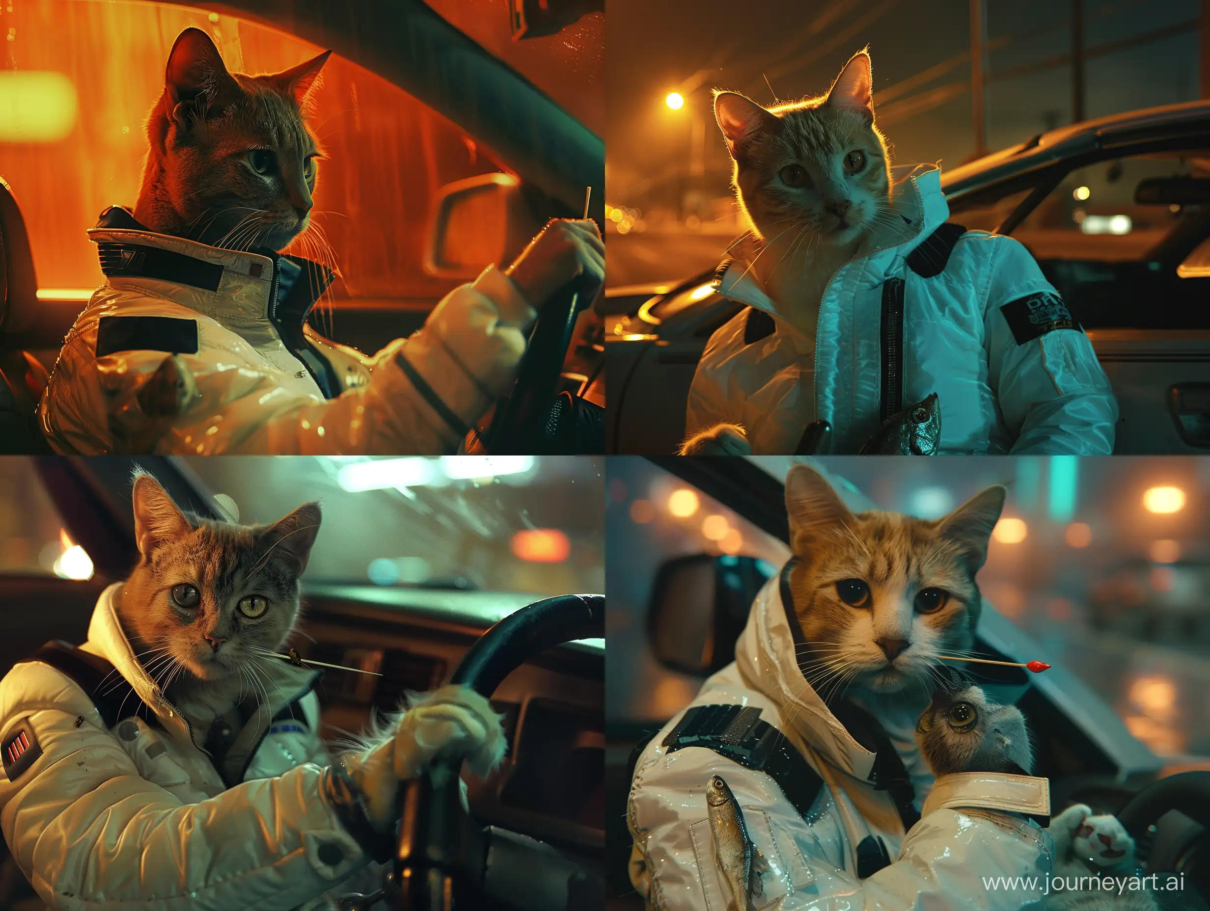 a cat in a white Drive jacket with black inserts on the shoulders and collar. in the image of Ryan Gosling with a toothpick in his mouth. and a fish in his paw. She sits in the car and looks at me gloomily. 8L unreal engine. night by lamplight