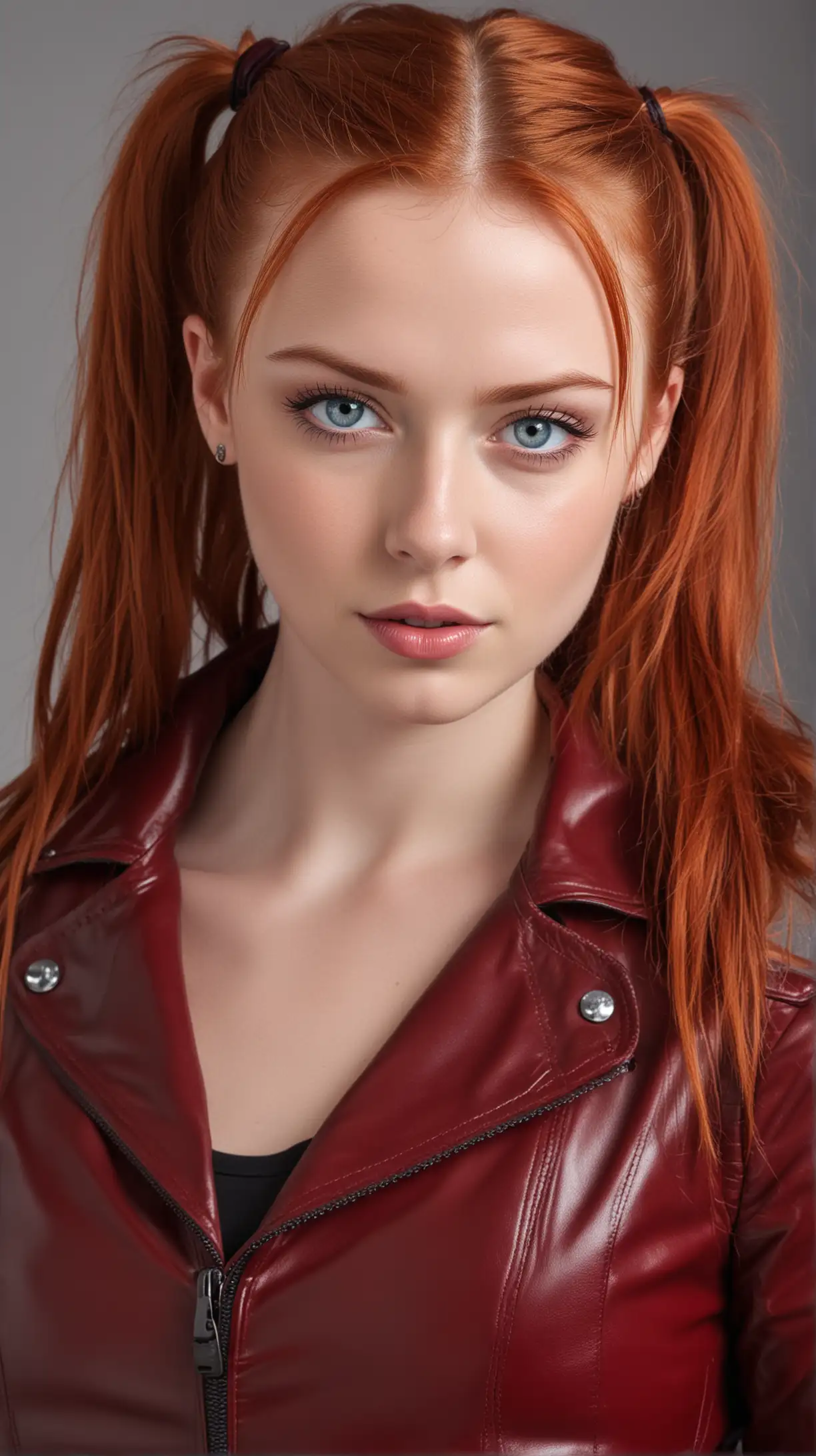 Young redhead with blue eyes and ponytails wearing dark red leather