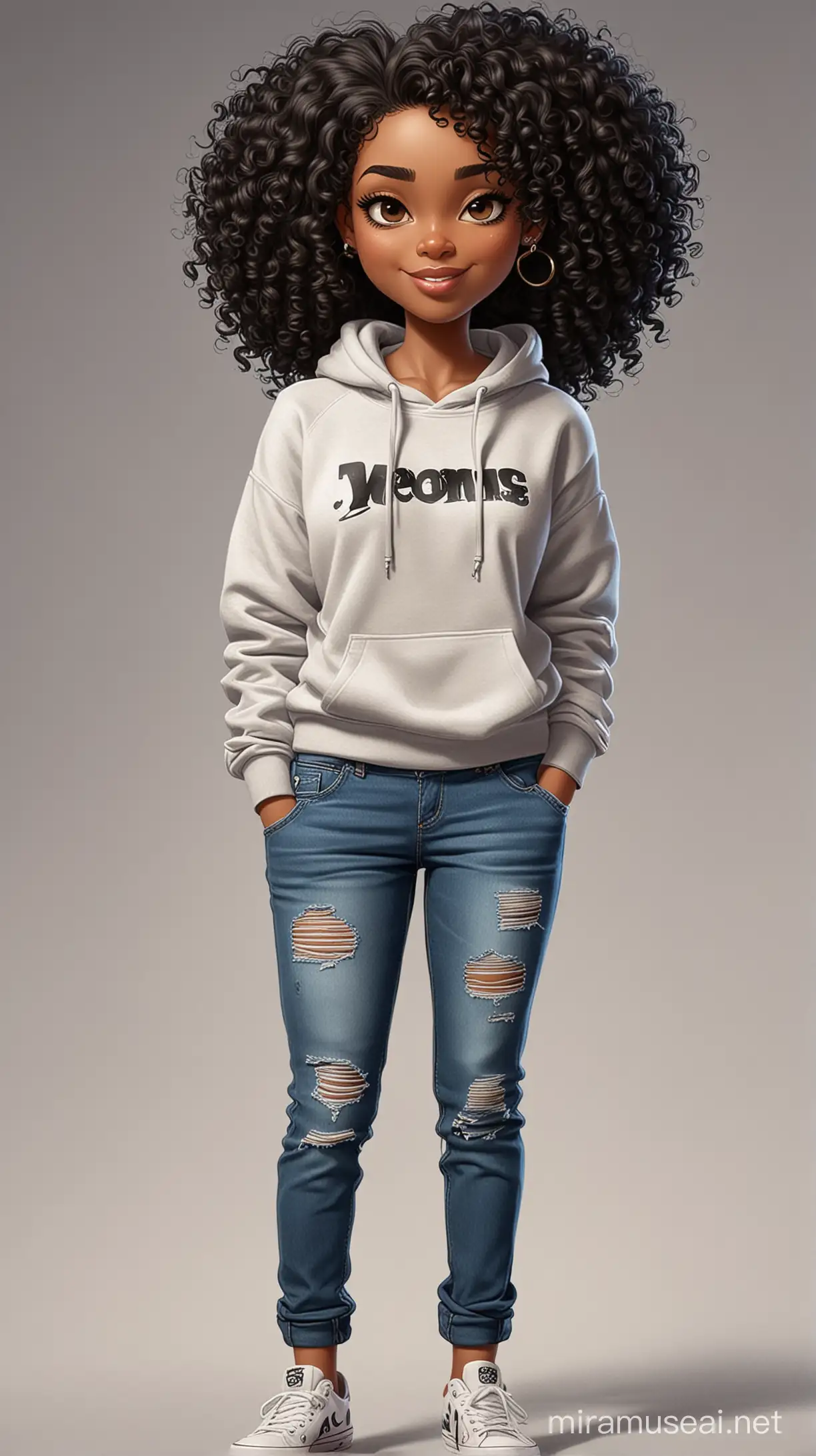 Cartoon image of a black woman with black curly hair, in a sweatshirt and jeans outfit. 